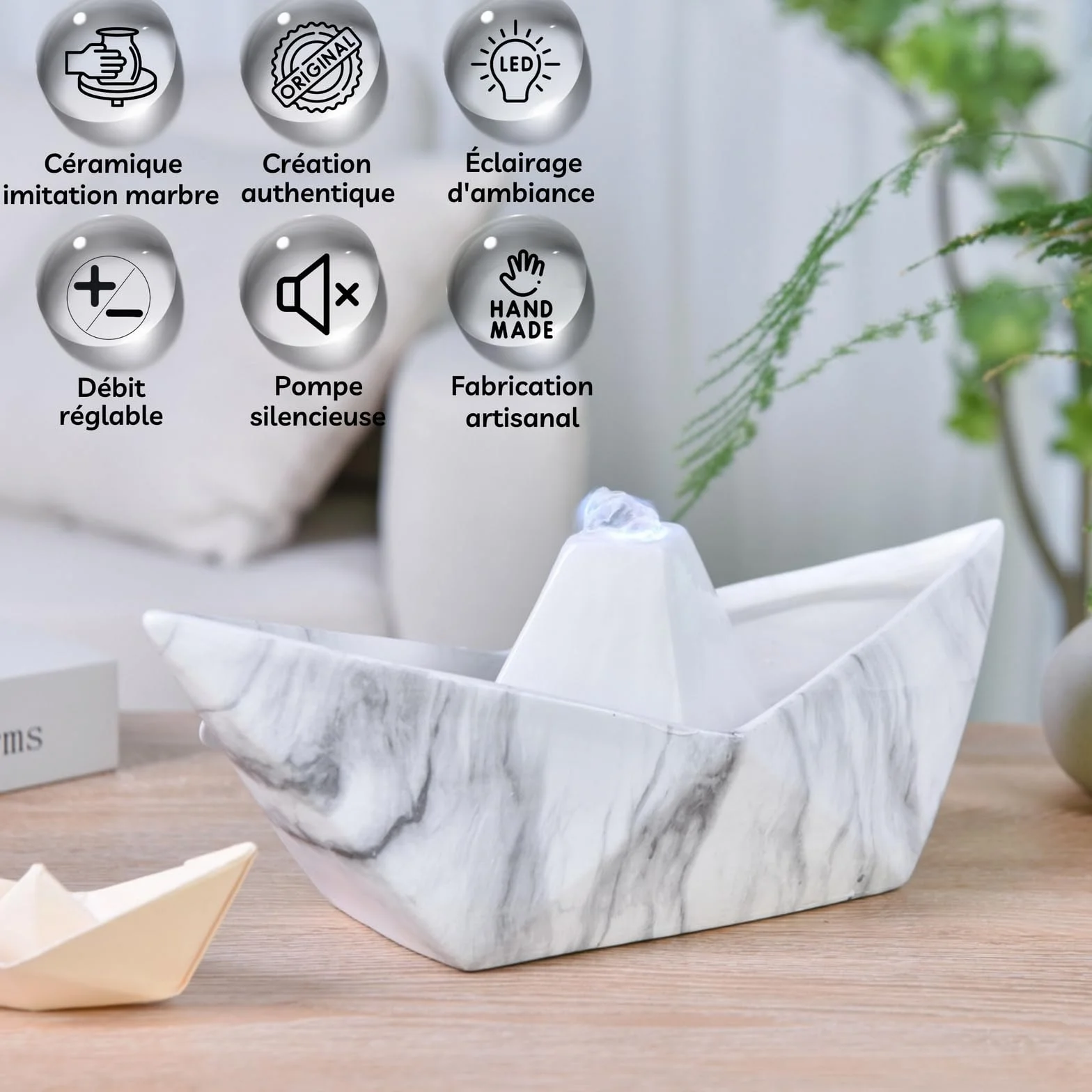 Ceramiczna fontanna do wnętrz Autentyczny efekt marmuru kolorowe światło, typowy i nowoczesny styl, niezwykły Zen Deco, pomysł na prezent dla twórcy, fontanna stołowa, H21x32x14cm - Żeglarstwo