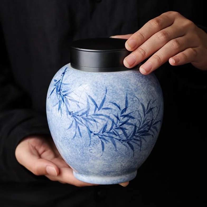 XYNSNDB Słoik cukru Czysta ręcznie malowana, barwiona tuszem zielona, ​​duża okrągła puszka na herbatę Herbata do użytku domowego, zamknięta puszka Ceramiczna puszka do przechowywania żywności