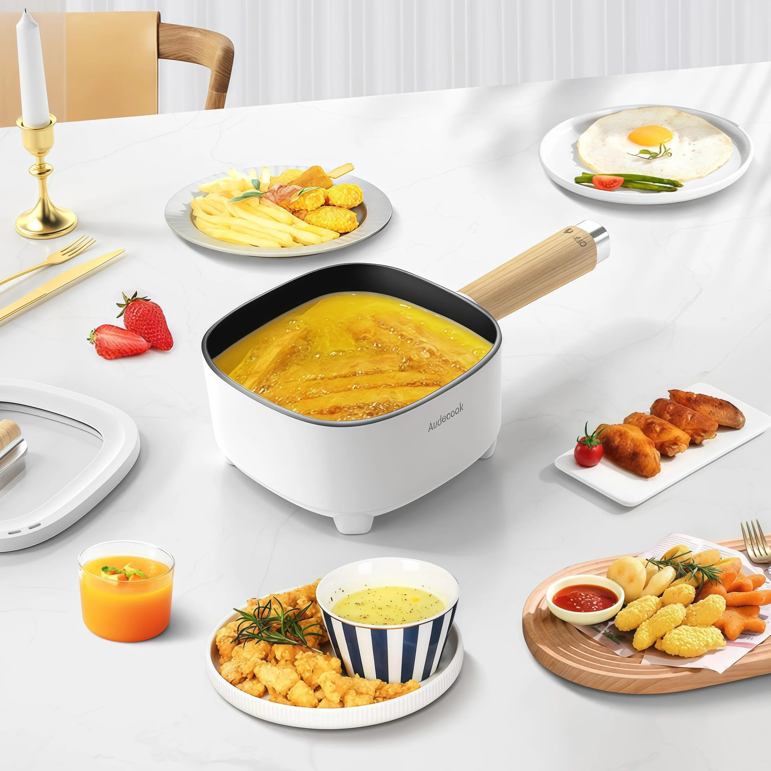 Audecook Elektryczny garnek, 2L nieprzywierająca patelnia z glazurą ceramiczną, przenośny multicooker podróżny do ramenu, steków, jajek, smażonego ryżu, płatków owsianych, zupy, 350W/800W (beżowy/2L