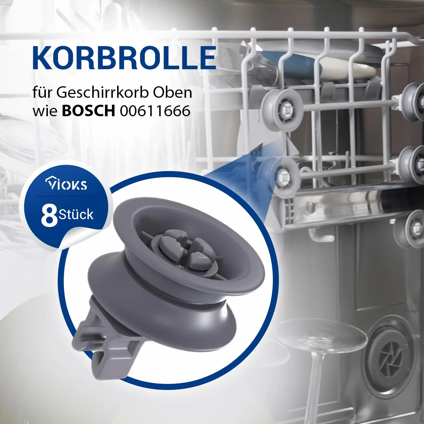 VIOKS Rolki do kosza do zmywarki 31 mm Ø zestaw 8 sztuk zamienników do Bosch 00611666 00165313 - rolki do zmywarek do naczyń do górnego kosza w Siemens, Bosch, Privileg, Constructa, Bauknecht