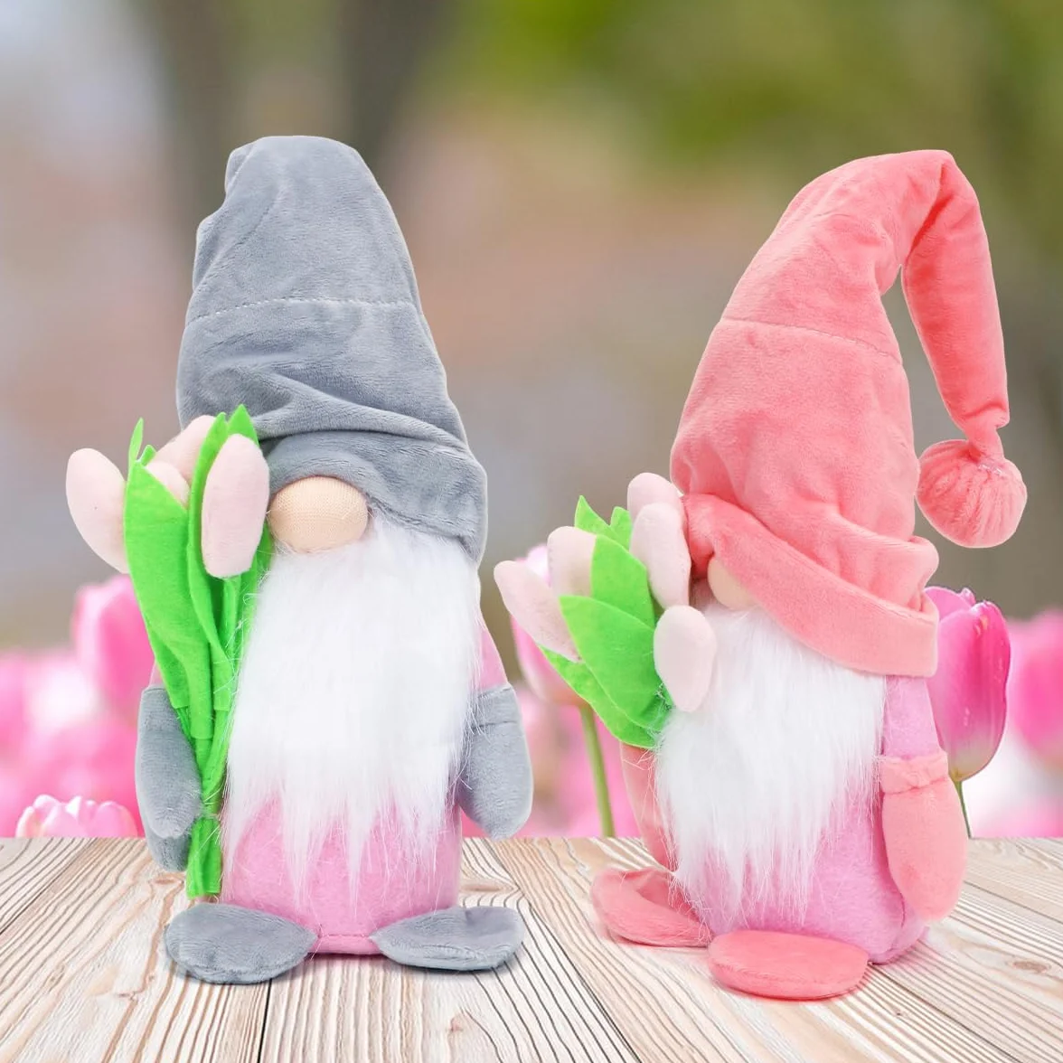 O-Kinee 2 sztuki skrzata wiosny z tulipanami, bukiety kwiatów, figurki skrzatów, dekoracja wiosenna, słodki, wiosenny skrzat, tulipany, prezent dla kobiet, mamy, na Dzień Matki, dekoracja skrzata