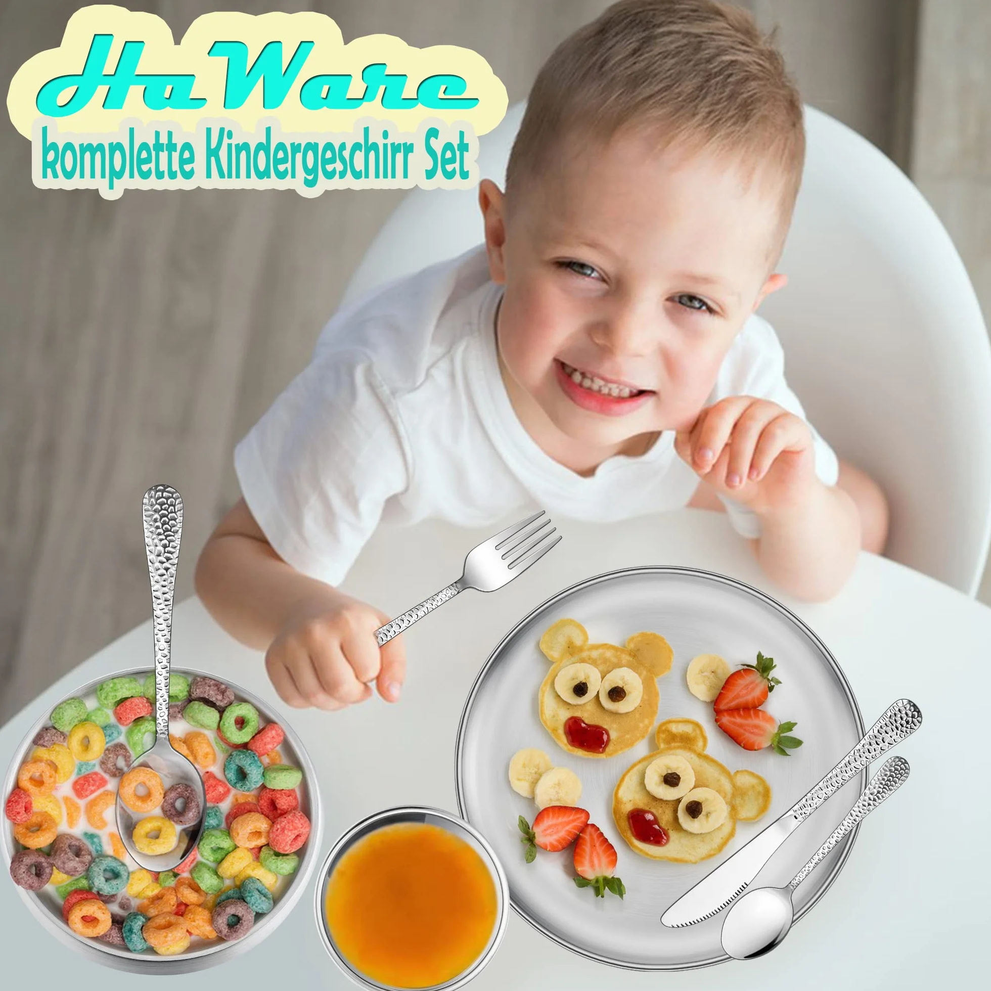 HaWare 7-częściowy zestaw naczyń dla dzieci, ze stali nierdzewnej, dla dzieci od 3 lat, młotkowane sztućce z widelcem/nożem/łyżką/talerzem/miseczką na musli/filiżanką, nietoksyczne i zdrowe, nadają