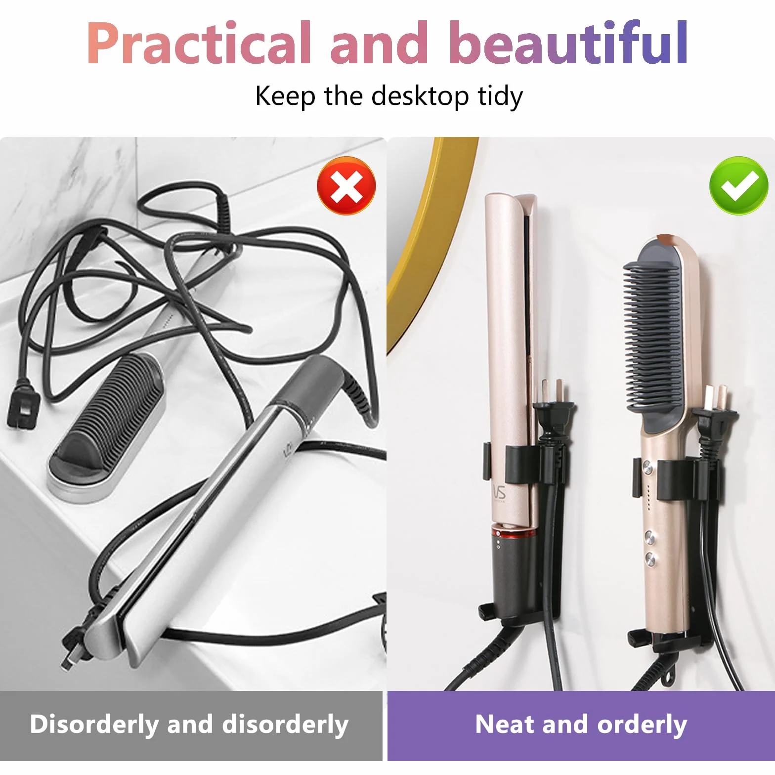 Niewymagający wiercenia uchwyt na prostownice i prostownice do włosów, uchwyt ścienny na szczotkę do prostowania i lokówki, odporny na wysokie temperatury, metalowy organizer do Dyson Airwrap
