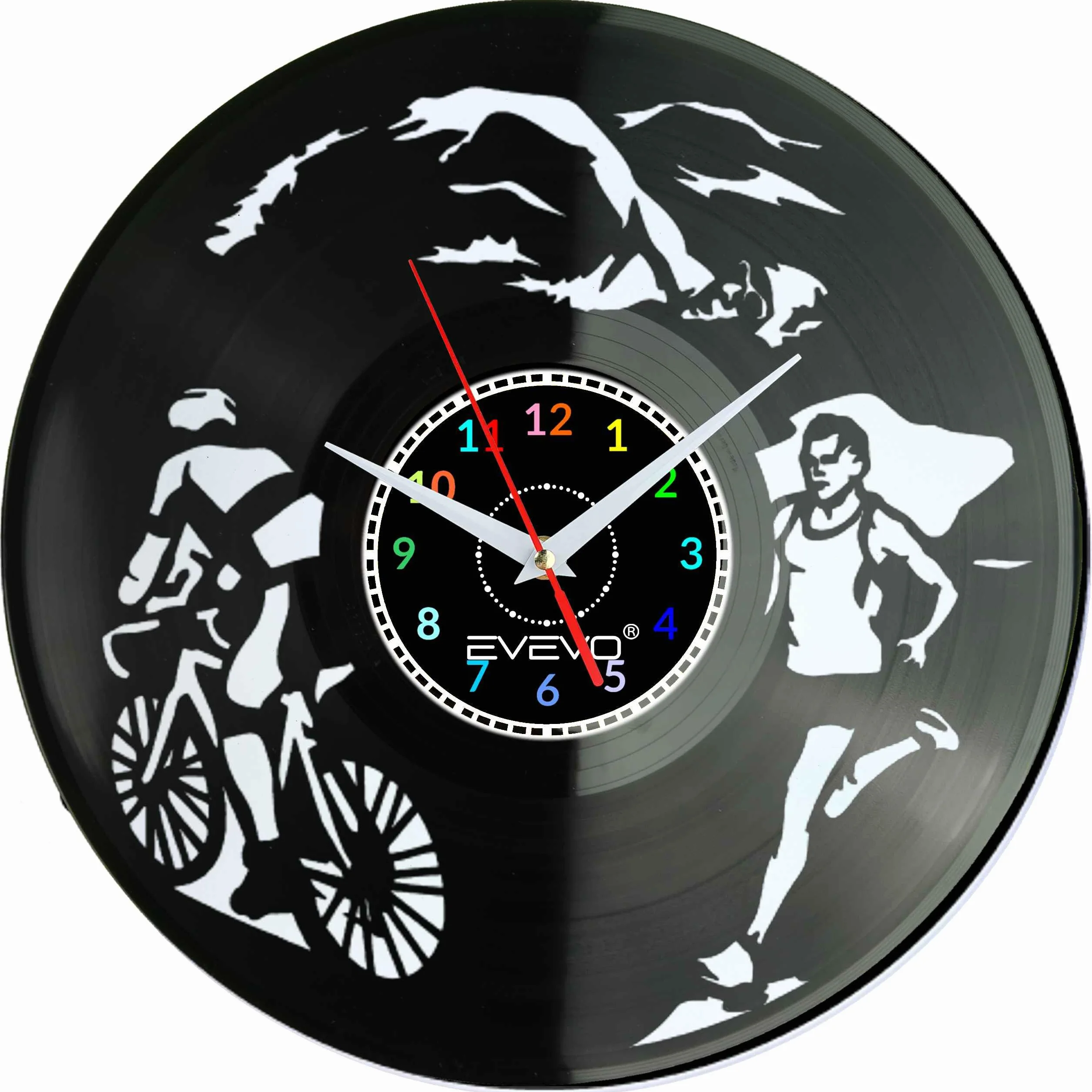 ZEGAR ŚCIENNY IRONMAN TRIATHLON FLUORESCENCYJNE TŁO PŁYTA WINYLOWA PREZENT UPOMINEK URODZINY DLA NIEJ DLA NIEGO EVEVO F0010