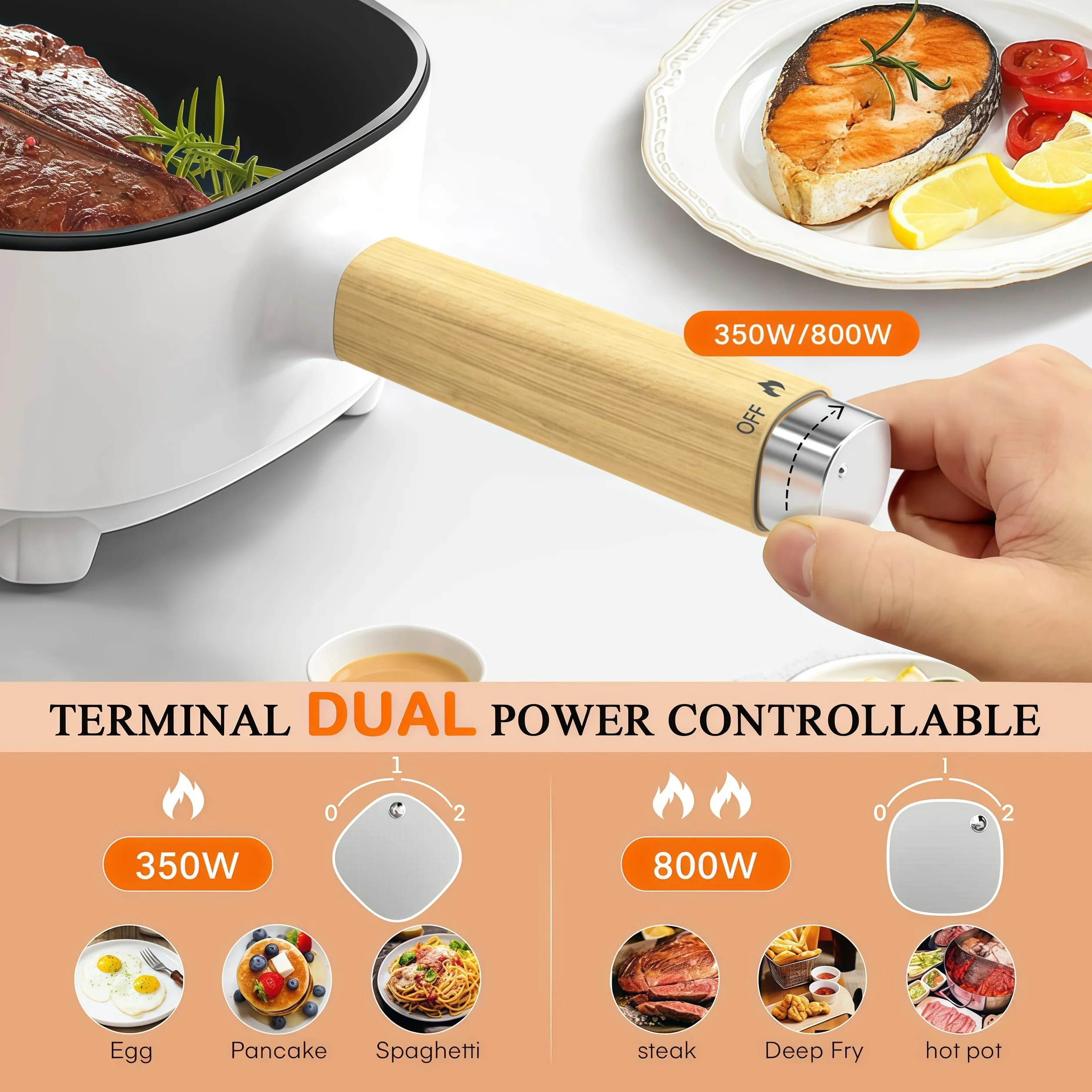 Audecook Elektryczny garnek, 2L nieprzywierająca patelnia z glazurą ceramiczną, przenośny multicooker podróżny do ramenu, steków, jajek, smażonego ryżu, płatków owsianych, zupy, 350W/800W (beżowy/2L