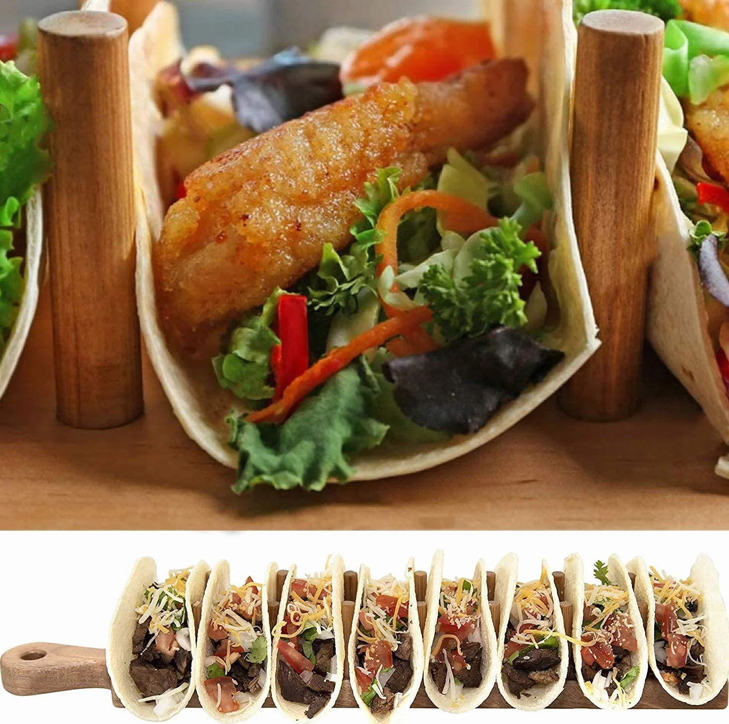 Drewniany uchwyt do tabeli, bambusowy uchwyt na tacę do 8 taco każdy, do serwowania tacek taco w stylu miękkiej skorupie (1)