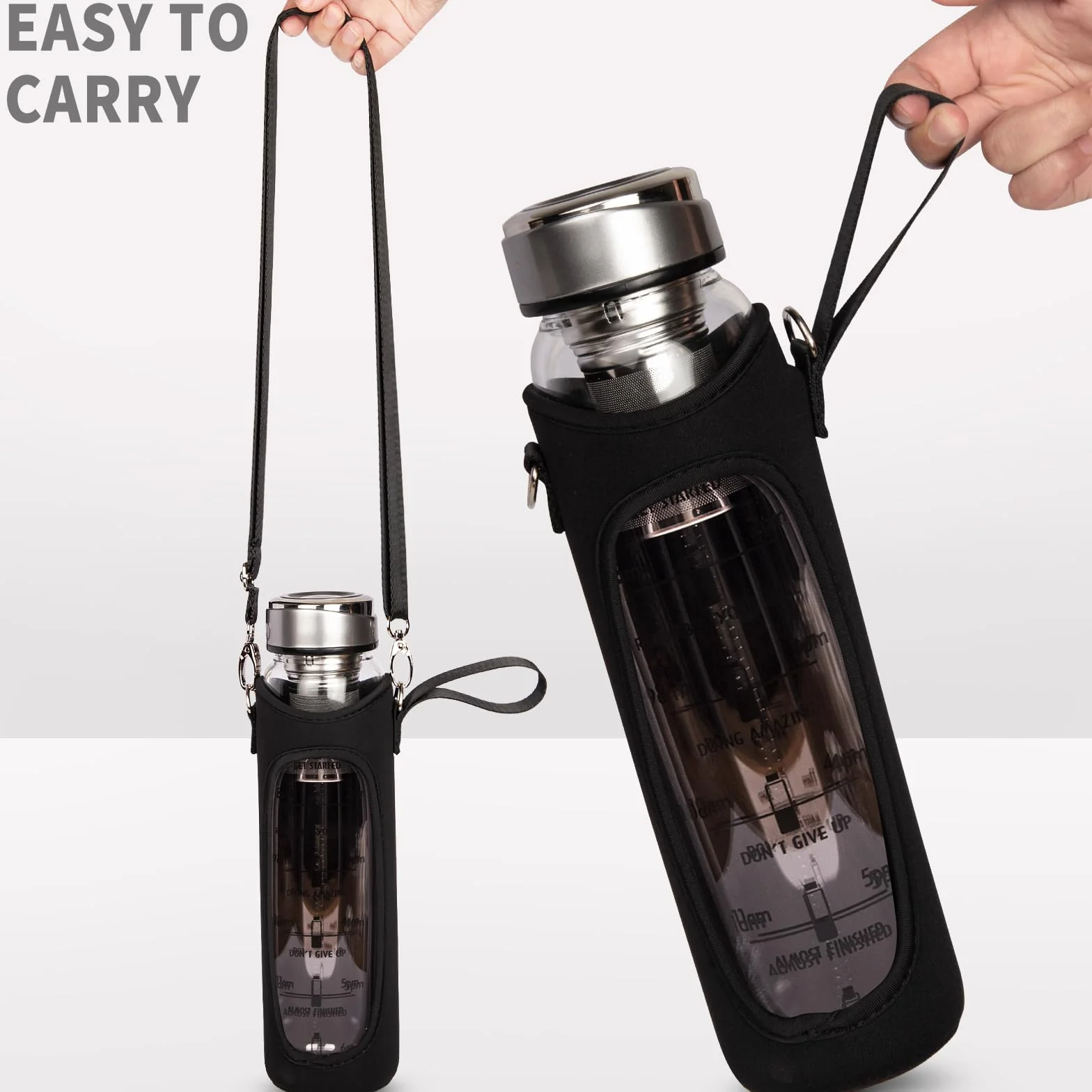 1 l / 1000 ml szklana butelka na wodę ze znacznikami czasu, 1 litrowa butelka do picia herbaty z zaparzaczem ze stali nierdzewnej, luźna herbata liściasta, kawa na zimno