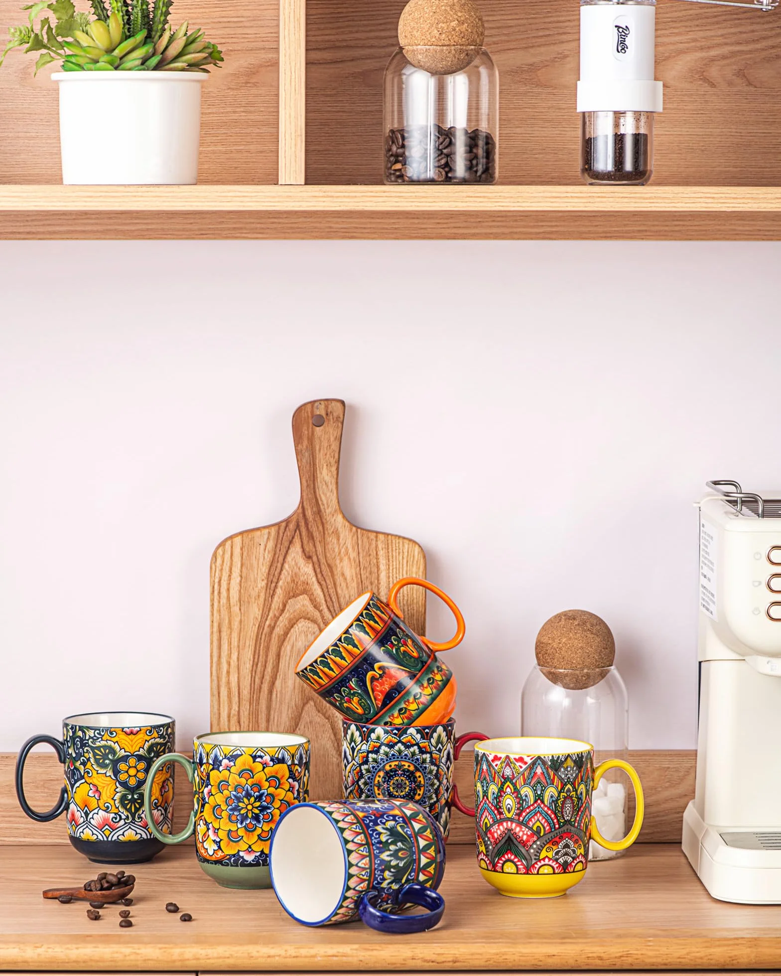 Zestaw 6 filiżanek do kawy, z uchwytem, 410 ml, porcelanowe filiżanki do herbaty, kawy, mleka, cappuccino, kolorowe, 6 sztuk w opakowaniu - styl boho