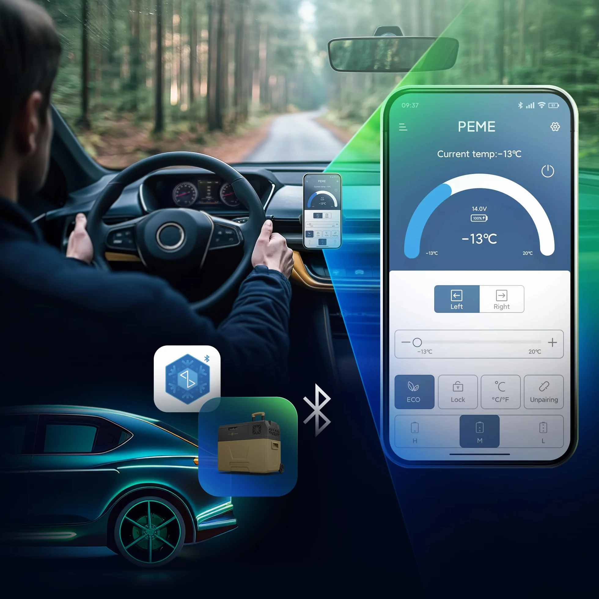 peme Expedition Elektryczna Lodówka Kompresorowa 27-39 L - Chłodziarka i Zamrażarka, Chłodzenie -20°C, Podwójne Zasilanie 12V/24V & 230V, Aplikacja Bluetooth, Tryb Eco, do Samochodu, Kempingu