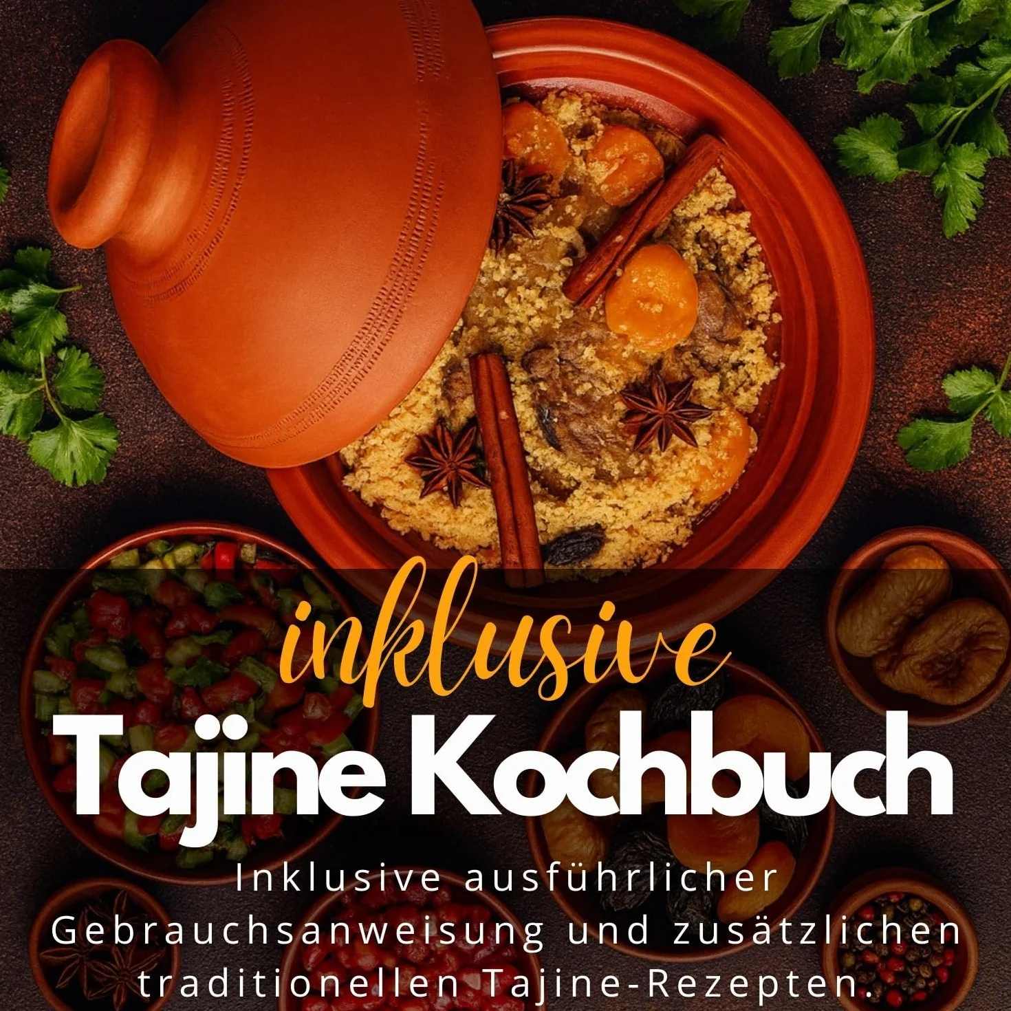 Tajine, z Maroka, w tym książka kucharska kuchni północnoafrykańskiej, gliniany garnek do gotowania, tuareg, ręcznie wykonany z Marrakeszu, wolny od szkodliwych substancji, terakota, Ø 30 cm, dla 4-5