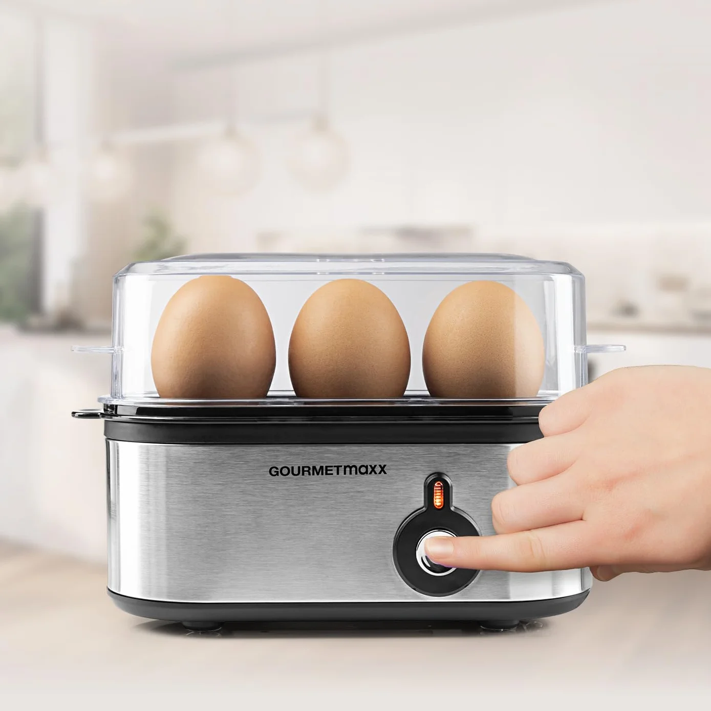 GOURMETmaxx Jajowar na 3 jajka | bojler do jajek z wykrawaczem do jajek w miarce | Egg Cooker – 3 stopnie twardości do kieliszków do jajek | Design mały jajowar – części nadające się do mycia w