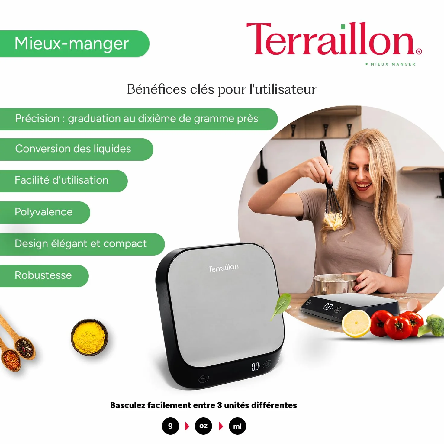 TERRAILLON - EPSILON - Precyzyjna elektroniczna waga kuchenna, kompaktowa, pojemność 5 kg, dynamiczna podziałka 0,1g-0,5g-1g, podświetlany wyświetlacz LCD, stal nierdzewna