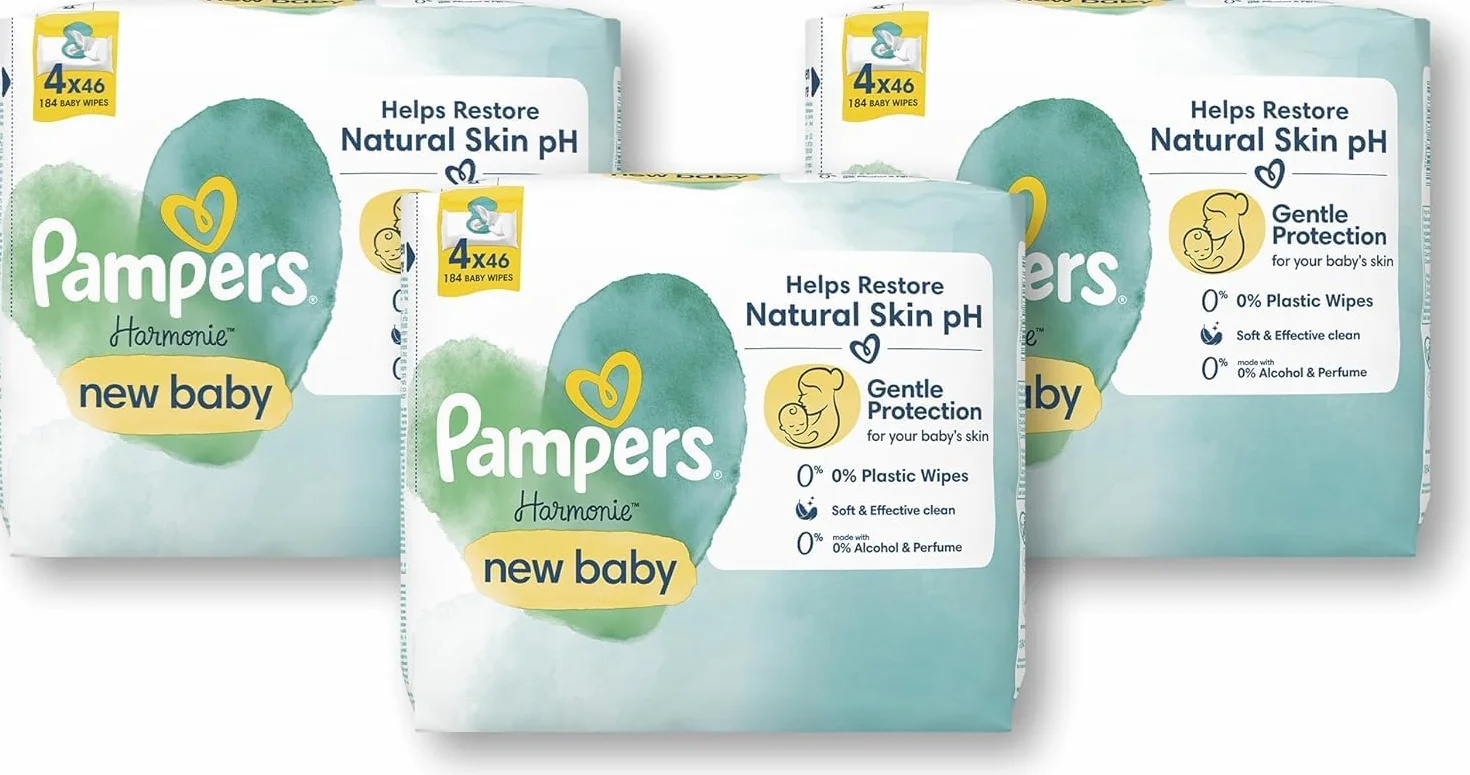 Pampers Harmonie New Baby Chusteczki Nawilżane dla Niemowląt i Dzieci, 552 sztuk (184 sztuk * 3), Bezzapachowe, Pomagają Chronić Skórę Przed Podrażnieniami