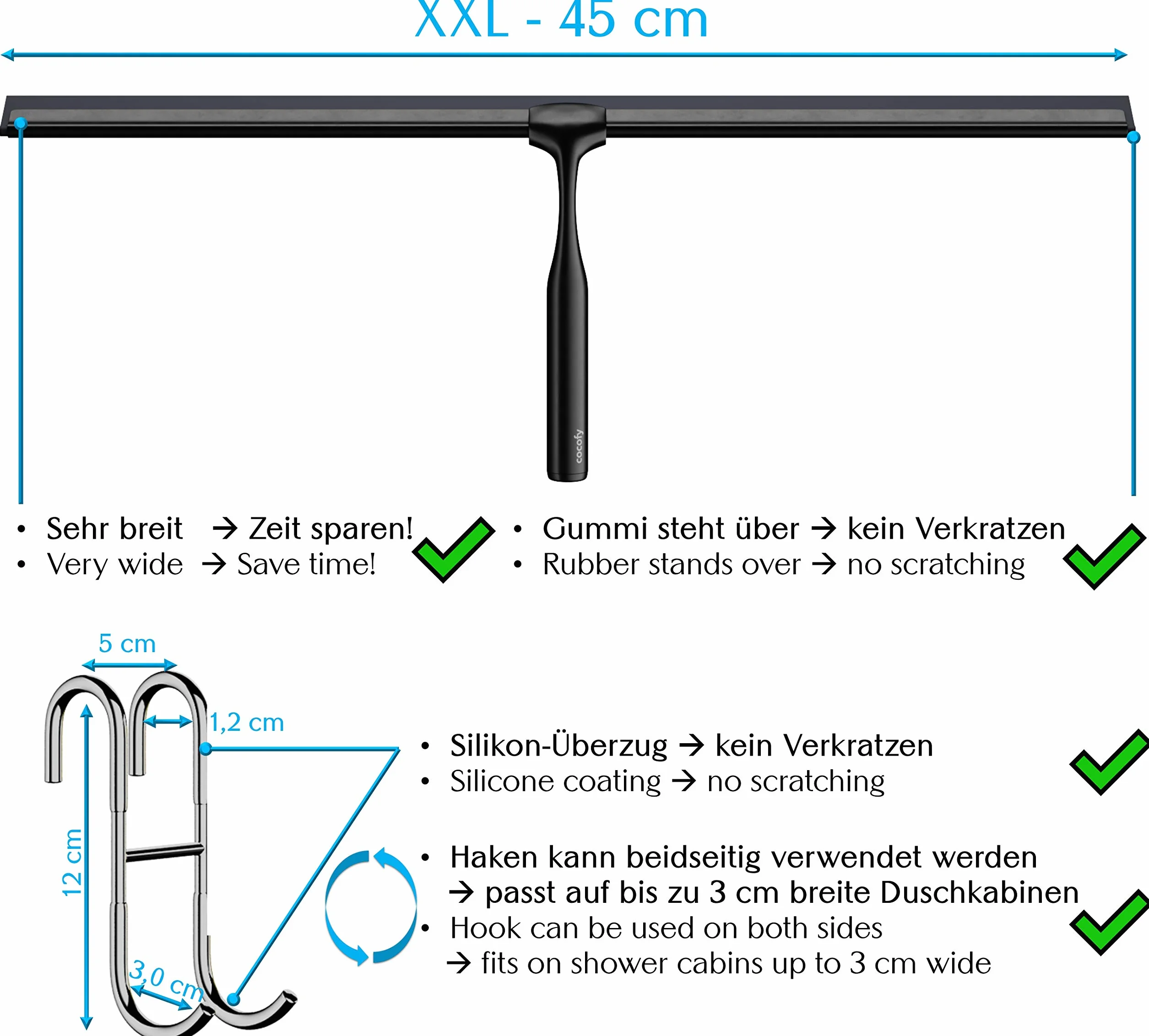 Ściągacz prysznicowy, czarny, matowy, szerokość XXL, 45 cm, bez wiercenia, do prysznica, płytek z haczykami, guma zapasowa, ściereczka z mikrofibry, ściągaczka do kabiny prysznicowej, ściągaczka do kabiny prysznicowej, ściągaczka okienna, 45 cm