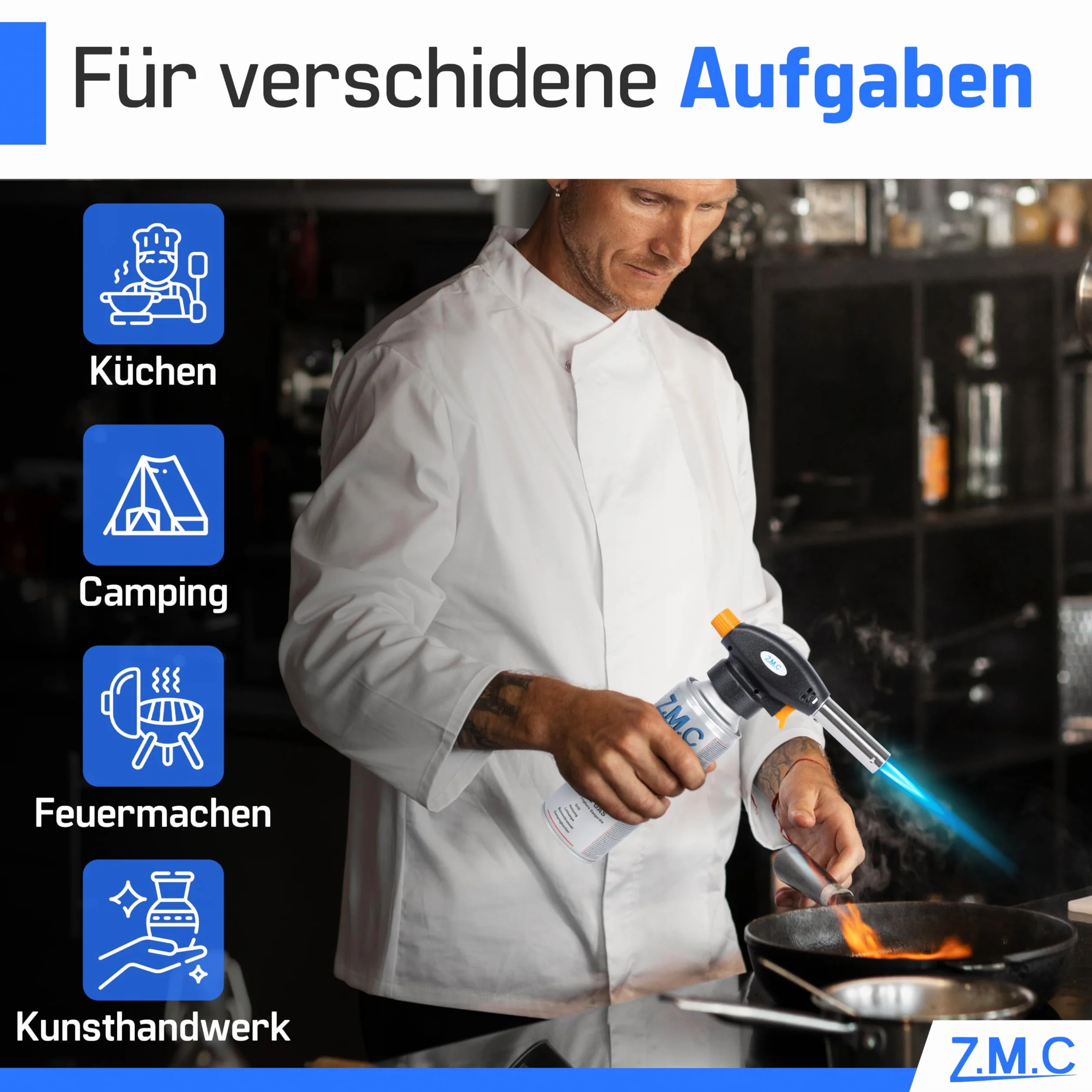 Z.M.C Palnik gazowy + 4 x kartusze gazowe 227 g, palnik do flambira, temperatura do 1300°C, palnik spawalniczy z zapłonem piezoelektrycznym, palnik do lutowania 1,3 kW, nasadka palnika z regulowanym
