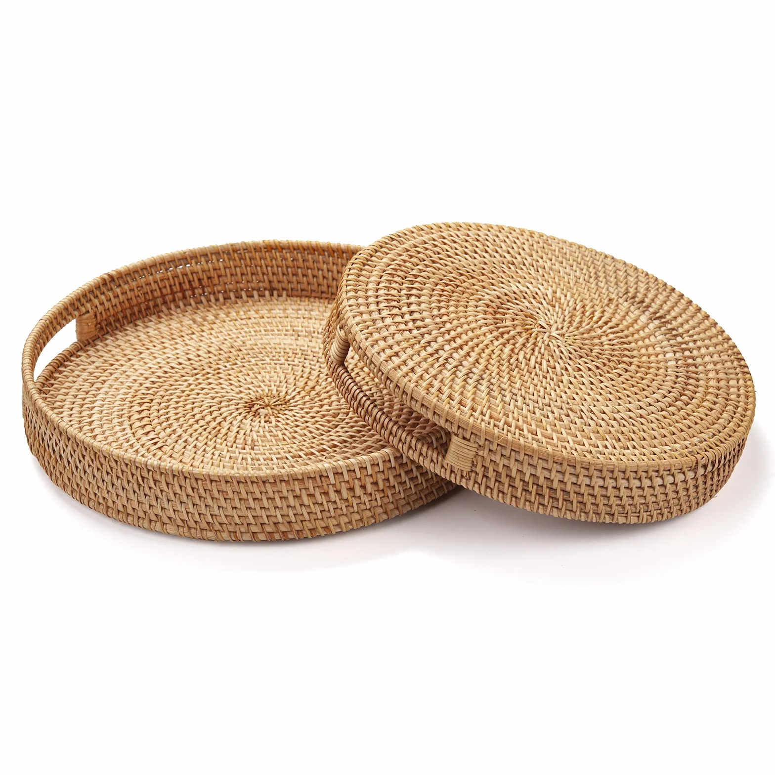 Okrągła rattanowa taca do serwowania z uchwytem, tkana dekoracyjna taca na stolik kawowy, otomański, naturalny (34 cm x 7 cm)