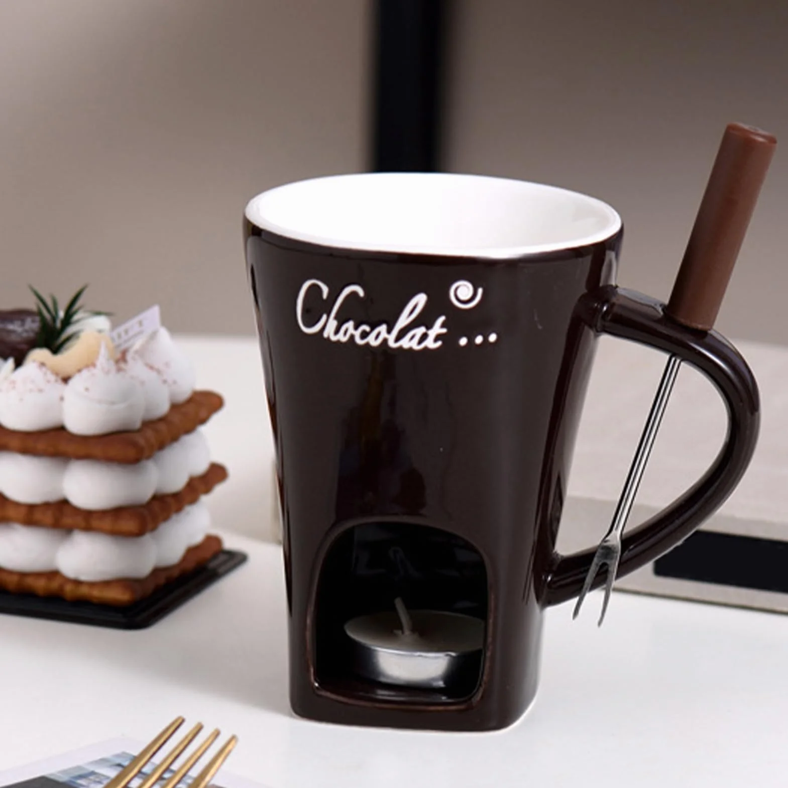 Zestaw do czekoladowego fondue 130 ml, zestaw do czekoladowego fondue, czekoladowy kubek do fondue, ceramiczny czekoladowy kubek do fondue, masło, słodki czekoladowy kubek do fondue z widelcem