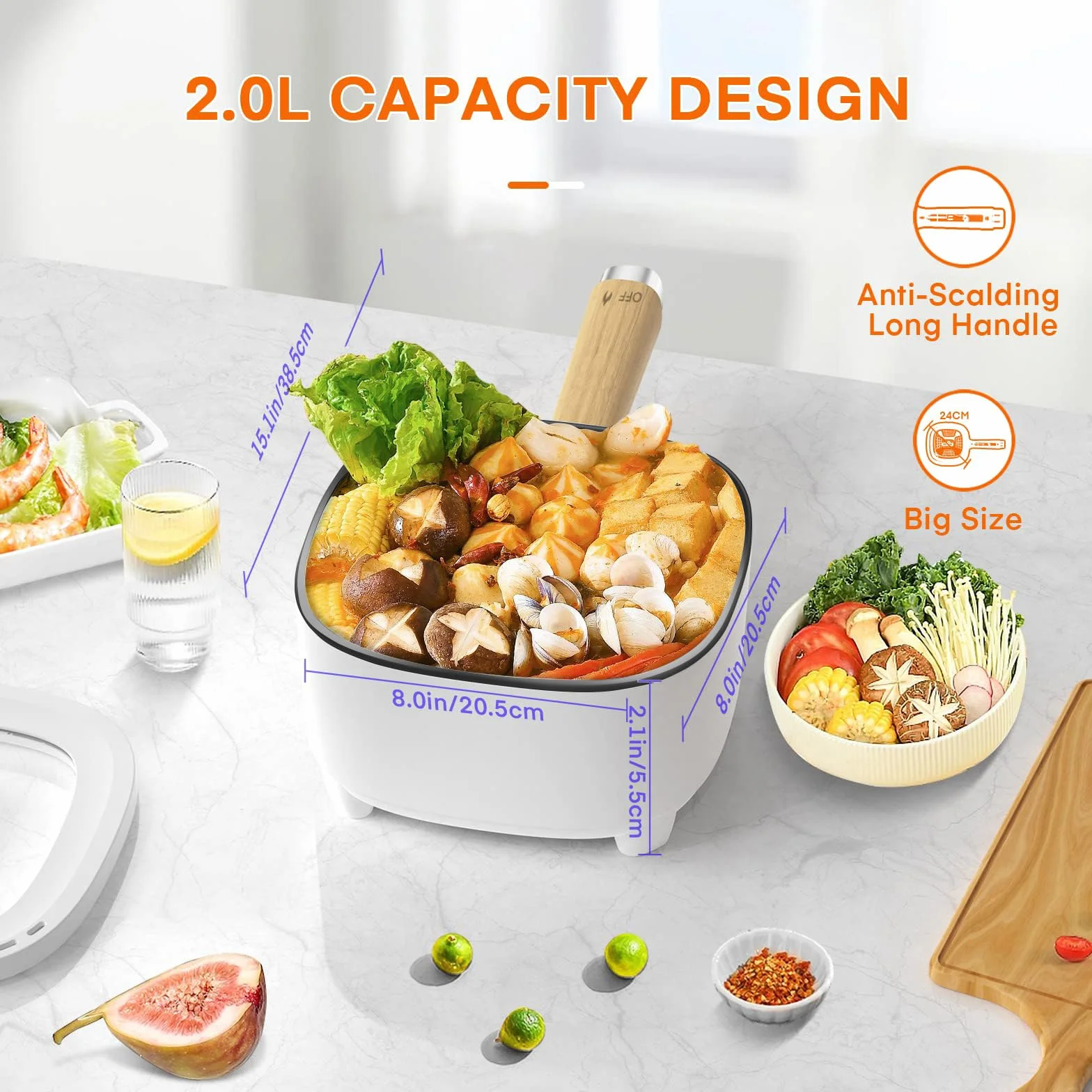 Audecook Elektryczny garnek, 2L nieprzywierająca patelnia z glazurą ceramiczną, przenośny multicooker podróżny do ramenu, steków, jajek, smażonego ryżu, płatków owsianych, zupy, 350W/800W (beżowy/2L