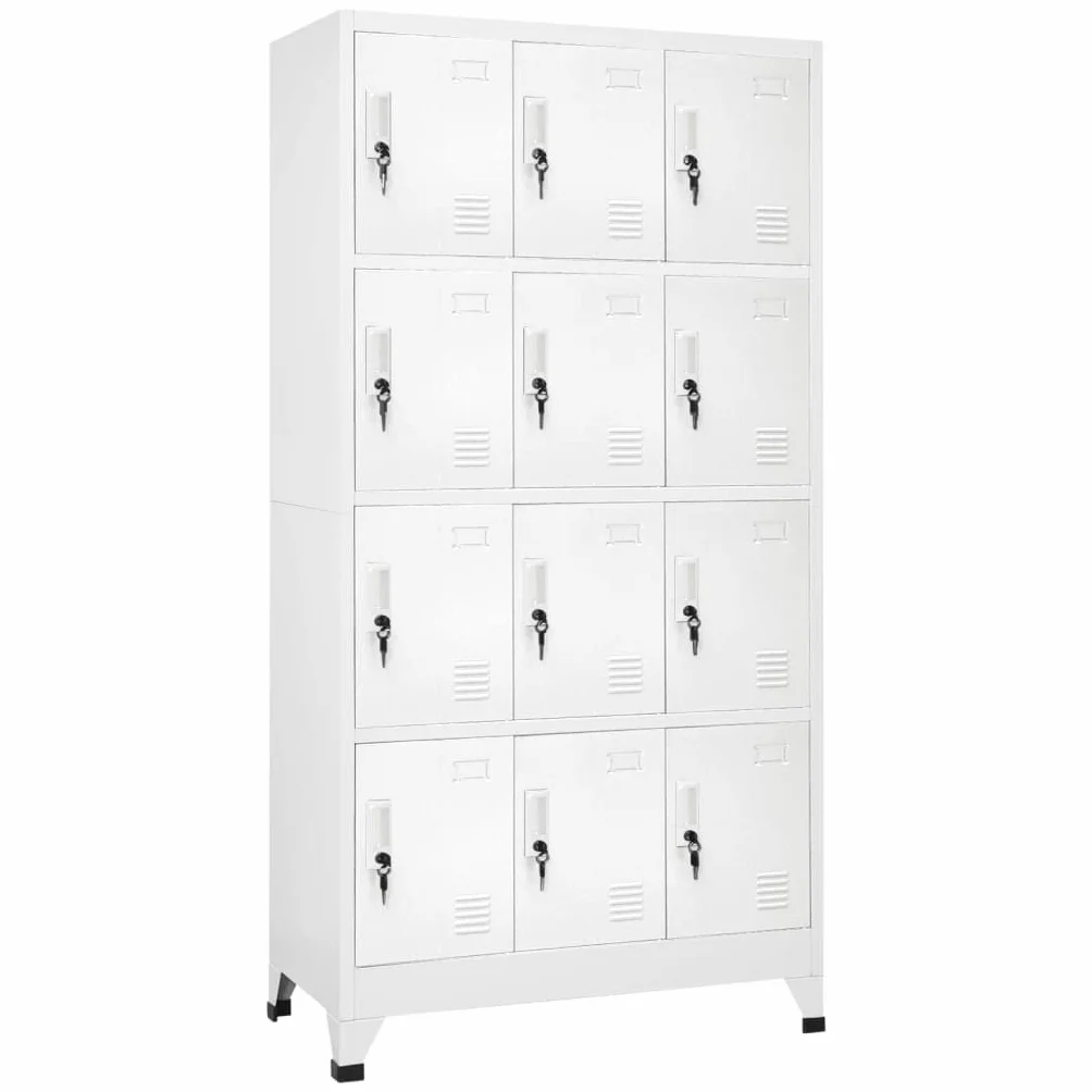Szafka z 12 zamykanymi przegródkami, stal szara, 90 x 45 x 180 cm, z ramkami na nazwisko, otworami wentylacyjnymi, szafką do biura, warsztatu, szkoły, schowkiem na ubrania i akta