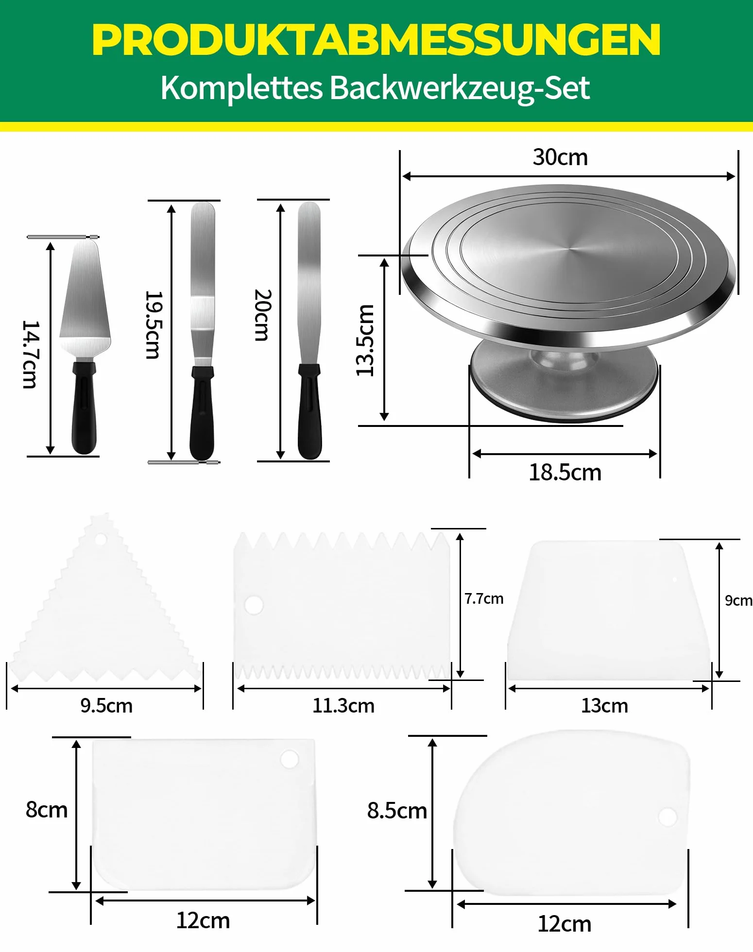 LAOYE Obrotowa Patera do Tortu z Aluminium 30 cm, Talerz Obrotowy do Dekoracji Tortów, Stojak Obrotowy, Zestaw z 5 Skrobakami i 3 Szpatułkami do Pieczenia i Dekoracji