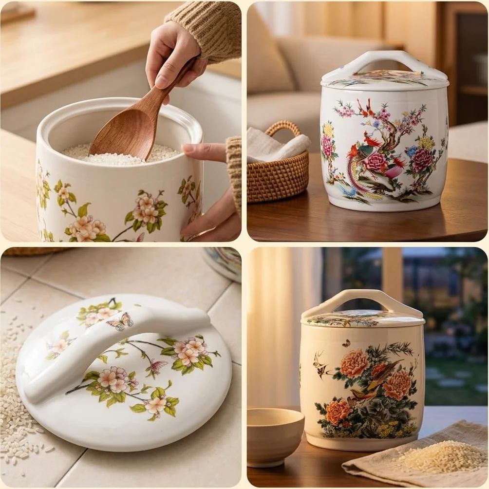 Ceramiczny słoik do przechowywania ryżu z pokrywką, hermetyczne wiadro do przechowywania ryżu, soi, kukurydzy, mąki, płatków owsianych, kawy - pojemność zbiorcza, dekoracja kuchni