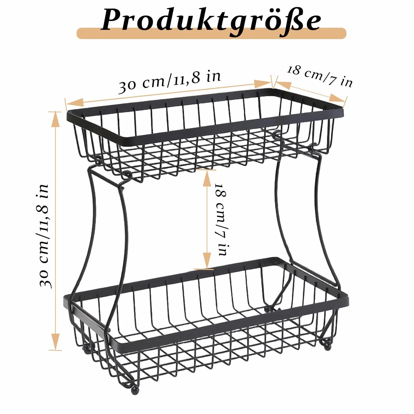 Kosz na owoce z 2 poziomami, 30 x 18 x 30 cm, poziomy kosz stalowy, czarny kosz na owoce, etażerka, etażerka na owoce i owoce, do przechowywania owoców, zdejmowanego przechowywania owoców, warzyw