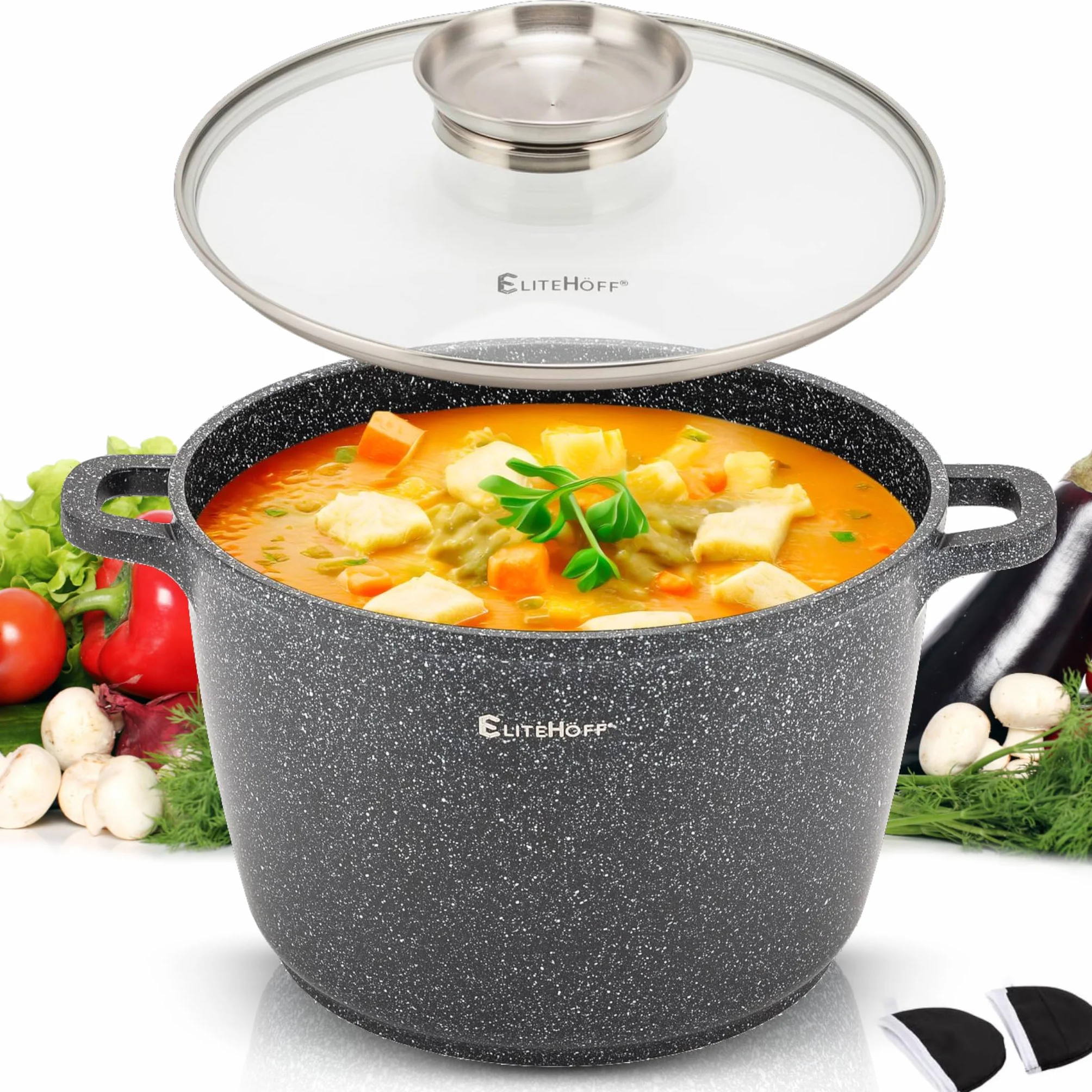 EliteHoff Garnek Marmurowy z Pokrywką, Nieprzywierający Garnek Aluminiowy do Zupy, Indukcyjny, na Wszystkie Rodzaje Kuchenek (Czarny, 6,5L Ø 24 cm)