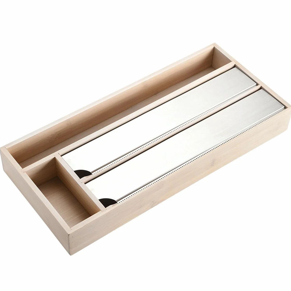 FSC Dozownik folii kuchennej na 2 rolki folii - białe drewno bambusowe FSC - z 2 płkami do przechowywania - dozownik folii do szuflad kuchennych do folii aluminiowej i gospodarstwa domowego