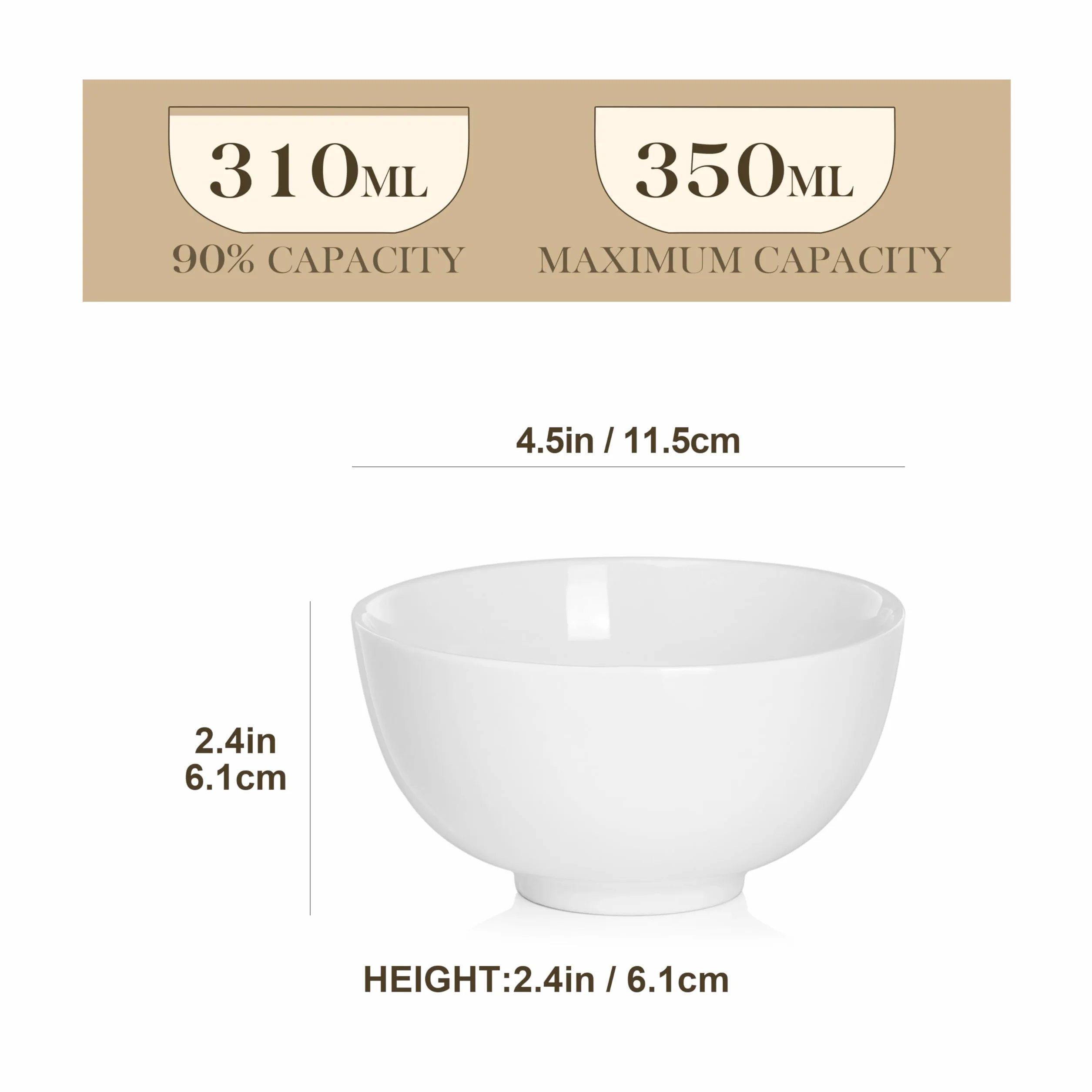 MALACASA Seria REGULAR 8 białych porcelanowych miseczek na płatki śniadaniowe 300 ml, okrągłe miski śniadaniowe 11,5 cm, salaterki, miski na sałatkę i ryż