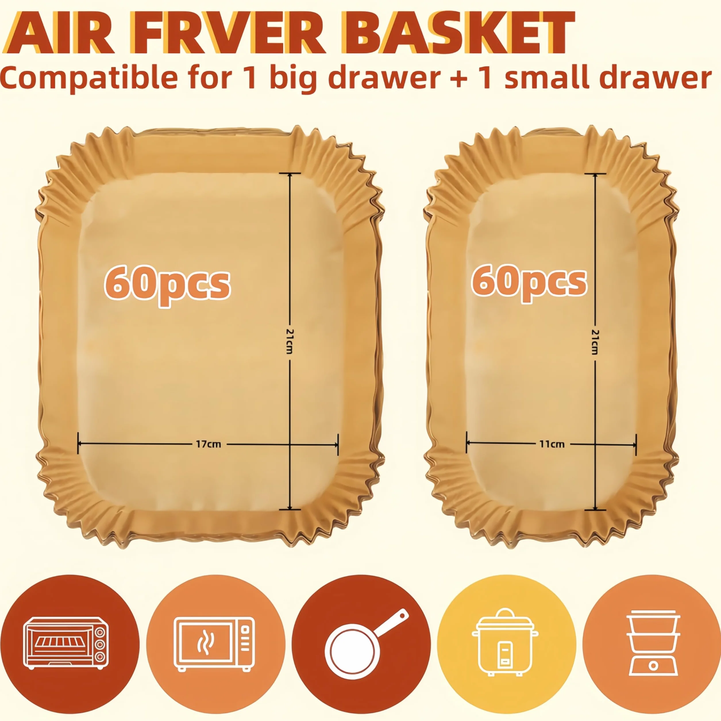 120szt Papier do smażenia do Philips Airfryer 3000 Series, papier smażenia Philips Dual Basket Airfryer 9 Litres NA35000, papier do smażenia Air Fryer do Moulinex EZ901820, 60szt+60szt, 6L+3L