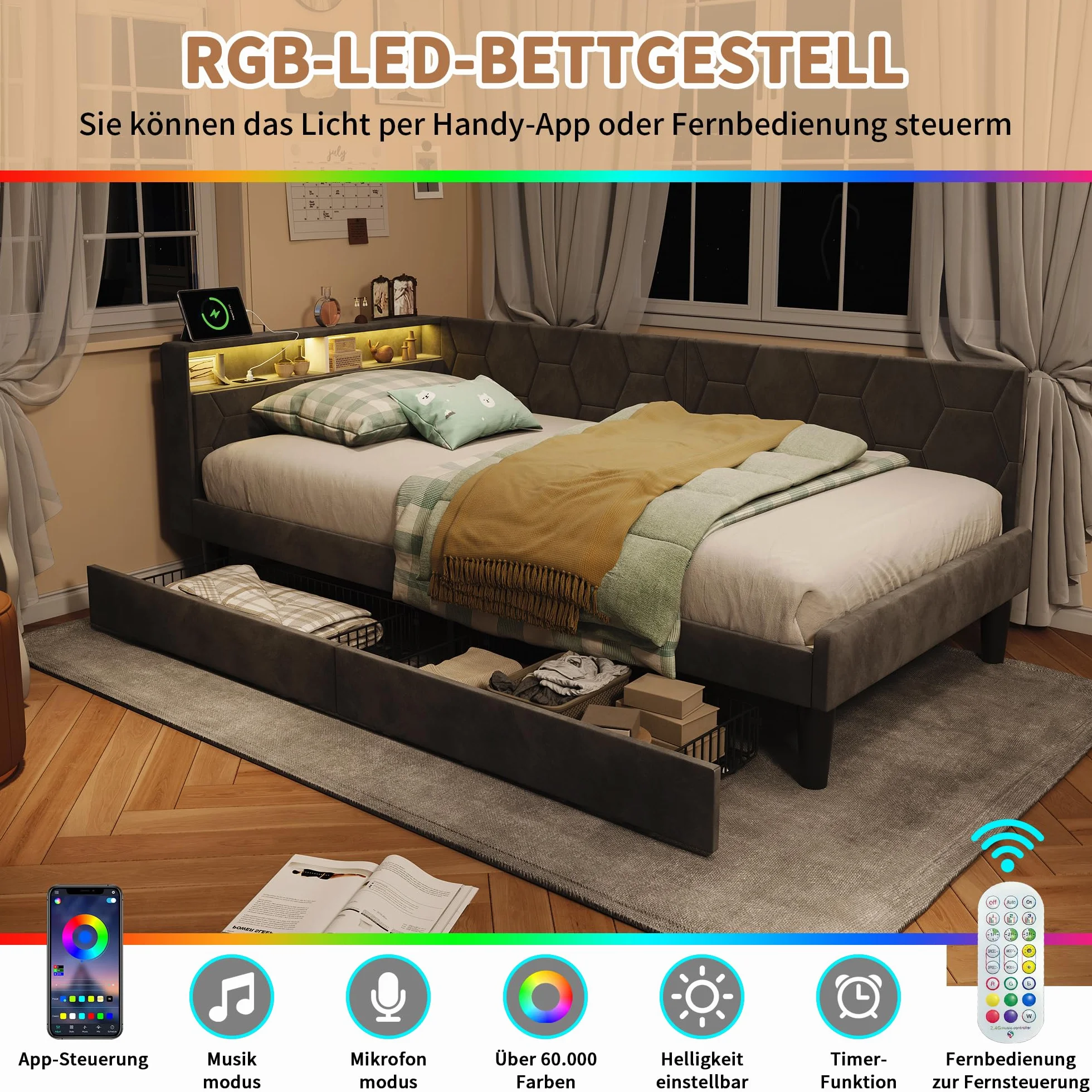 KeepGoon 90 x 200 cm łóżko tapicerowane z 2 szufladami, z aksamitu, łóżko pojedyncze/rozkładane, zagłówek LED ze schowkami, funkcja ładowania USB i stelaż, łóżko młodzieżowe dla dorosłych