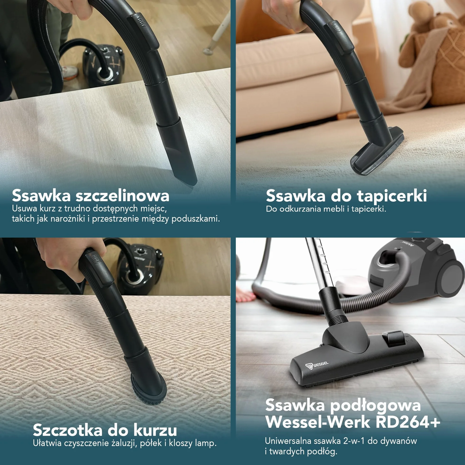 Odkurzacz workowy Akitas C5, moc ssąca 850W, promień działania 9 m, filtr HEPA dla alergików i zwierząt domowych, dysza podłogowa Wessel-Werk, zawiera 3 akcesoria, kompaktowy i lekki