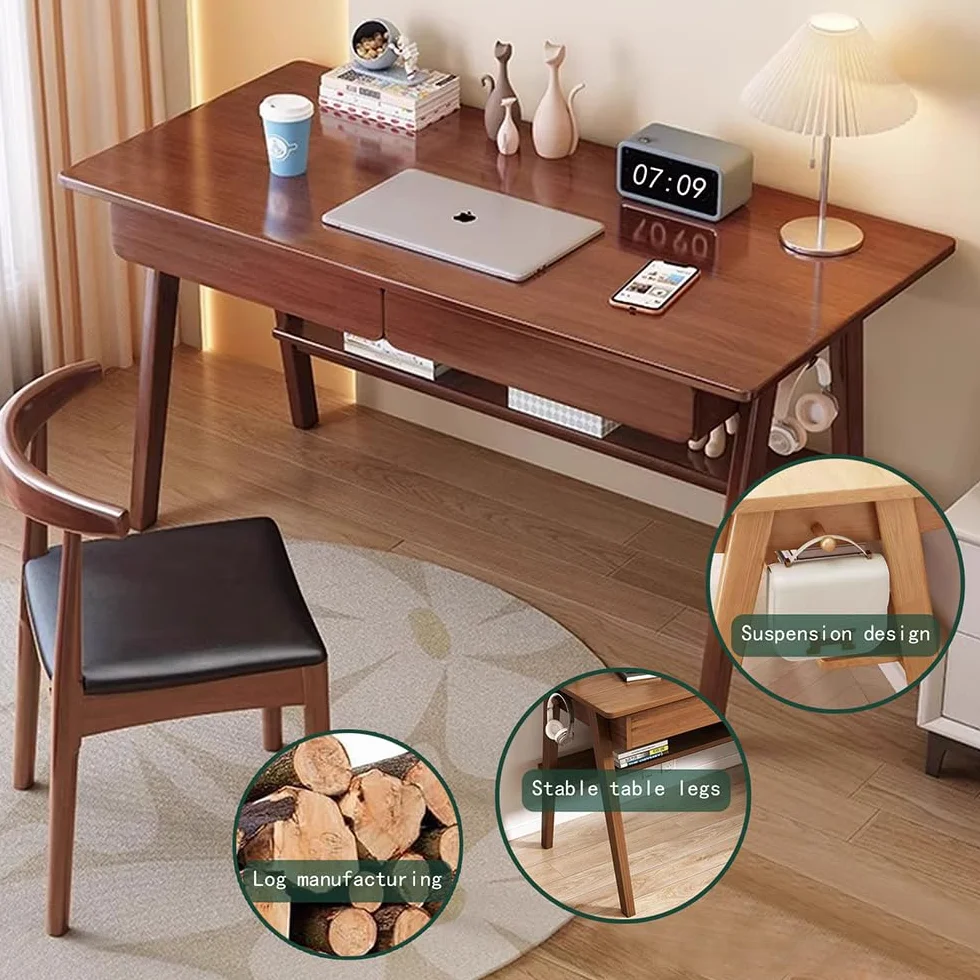 Nowoczesne biurko komputerowe z połowy wieku z 2 szufladami – wbudowane haczyki i dolny stojak do przechowywania, łatwy montaż przez 20 minut biurko do pisania do domowego biura / gabinetu (100 cm
