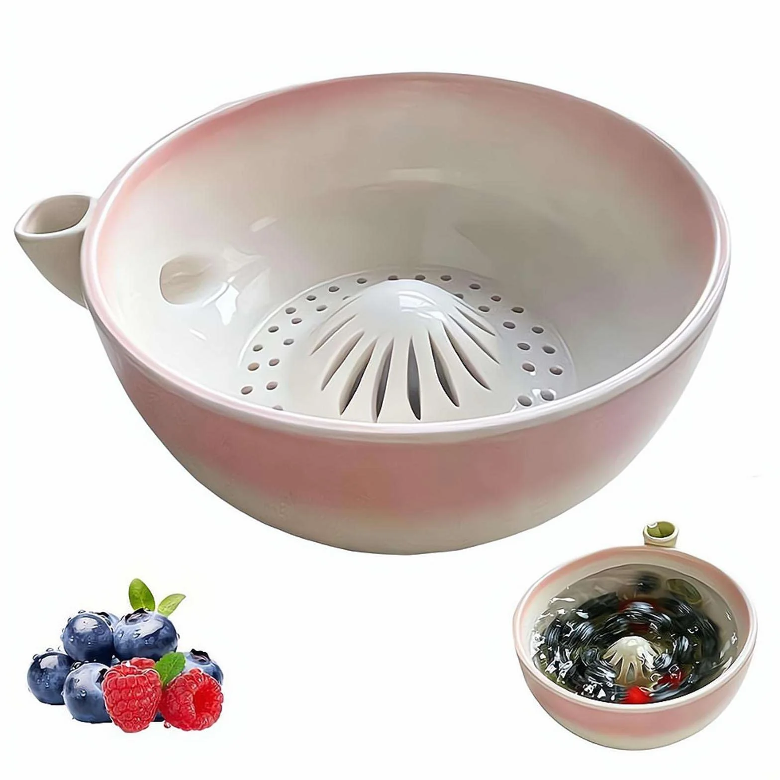 Ceramiczna miska do mycia jagód, samoobracająca się myjka do owoców i warzyw z odpływem, kosz do płukania truskawek i jagód, niezbędne akcesoria kuchenne