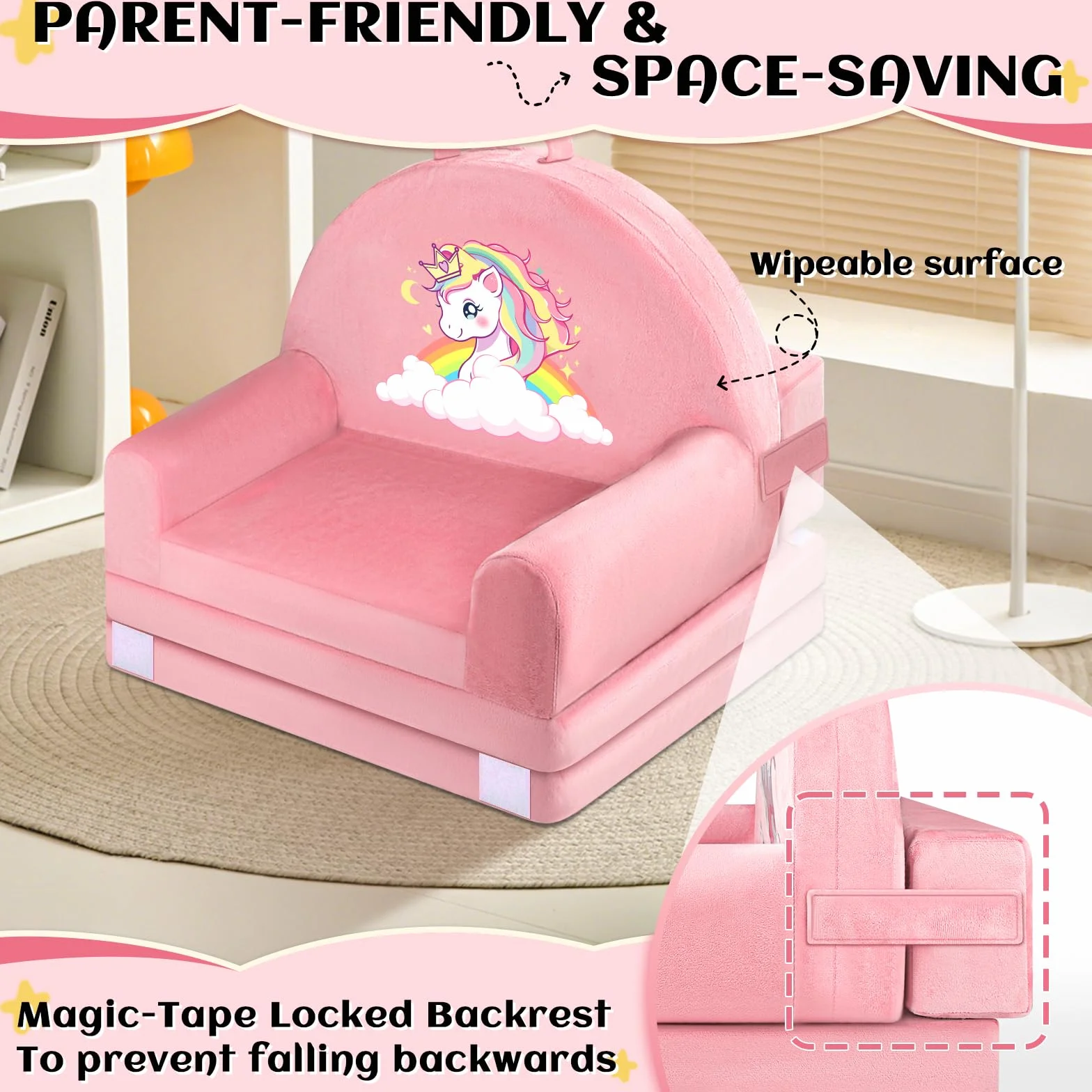 Składane krzesło dla małych dzieci, sofa dziecięca, rozkładana mini kanapa 2 w 1, 150 cm, miękki kryształowy aksamit dla małych dzieci, sofa do zabawy, do sypialni, salonu, pokoju zabaw