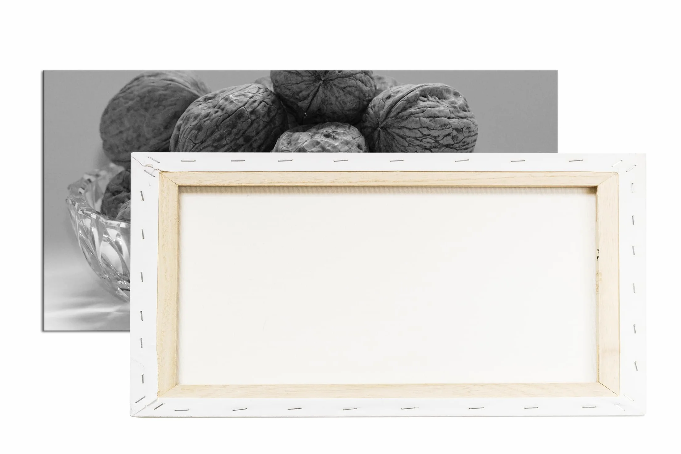Chrupiące orzechy włoskie w skorupie panorama 120 x 60 cm efekt: czarny/biały jako obraz na płótnie, motyw oprawiony na ramie z prawdziwego drewna, wysokiej jakości druk cyfrowy z ramą