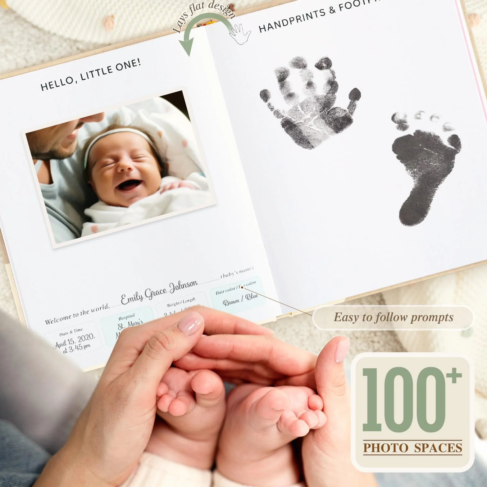 Lanpn Hello Baby Książka Wspomnień - Lniana Twarda Okładka Pamiątka dla Nowych Rodziców - Pamiętnik od Noworodka do 5 Lat Album Zdjęć Książka Kamieni Milowych (Różowy, 154 Strony)