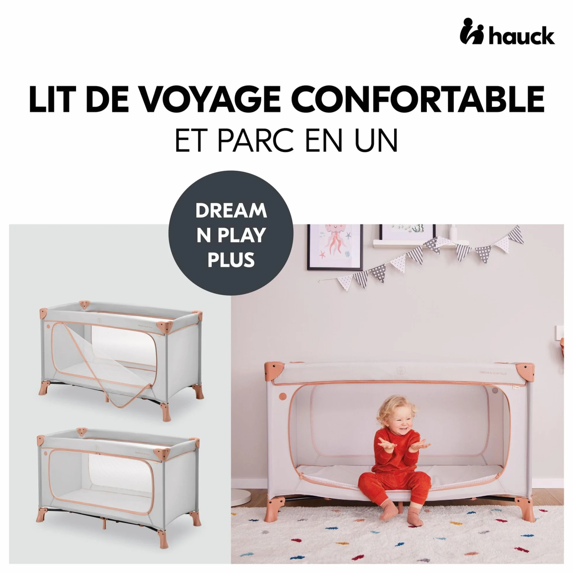 hauck Bebe Dream N Play Plus łóżko parasolowe, duży otwór boczny do zabawy, składany, kompaktowy, torba do przenoszenia, od urodzenia do 15 kg, Dusty Cork