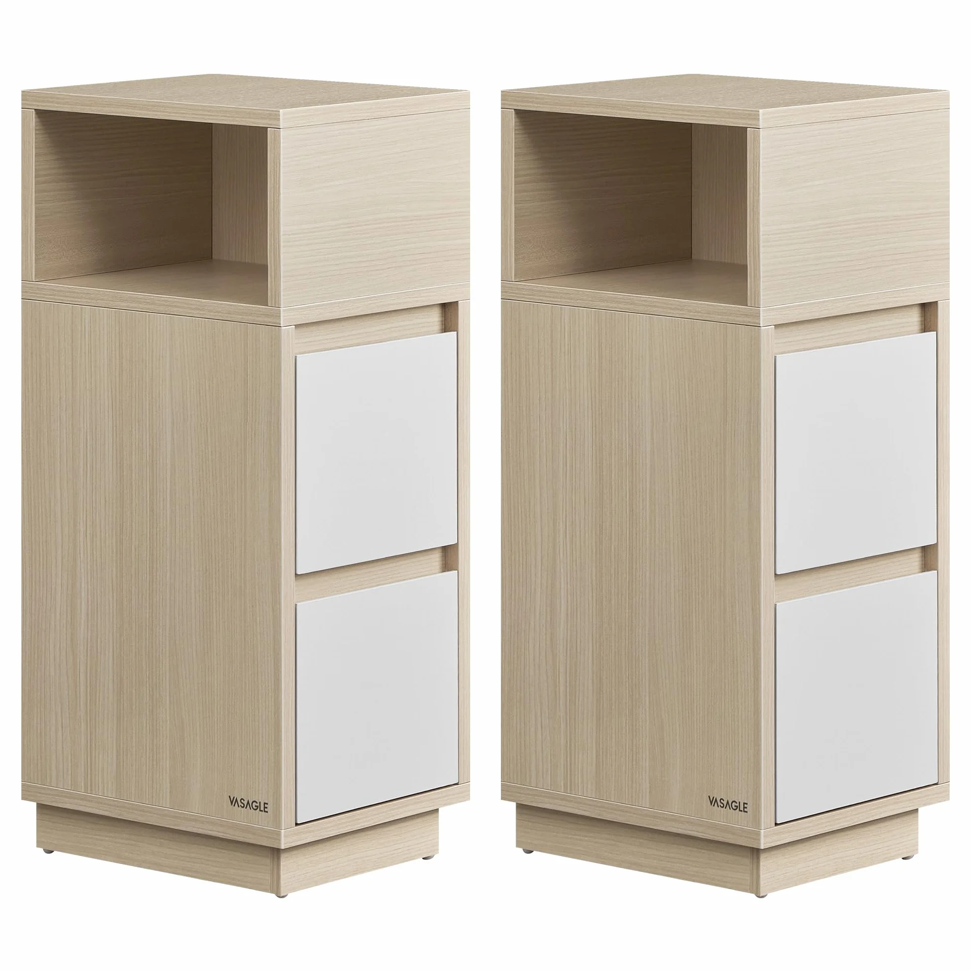 VASAGLE Kolekcja Kailyn - Wąski stolik nocny, zestaw 2 sztuk, stolik pomocniczy, 2 szuflady i otwarta komora, montaż po lewej lub prawej stronie, sypialnia, salon, naturalny beżowy i biała chmura