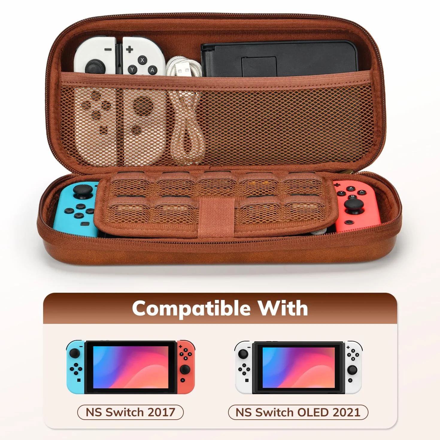 Younik Switch pokrowiec do NS Switch/Switch OLED, etui ze skóry PU z 9 kasetami do gier, przenośna torba do przenoszenia konsoli i akcesoriów (brązowy)