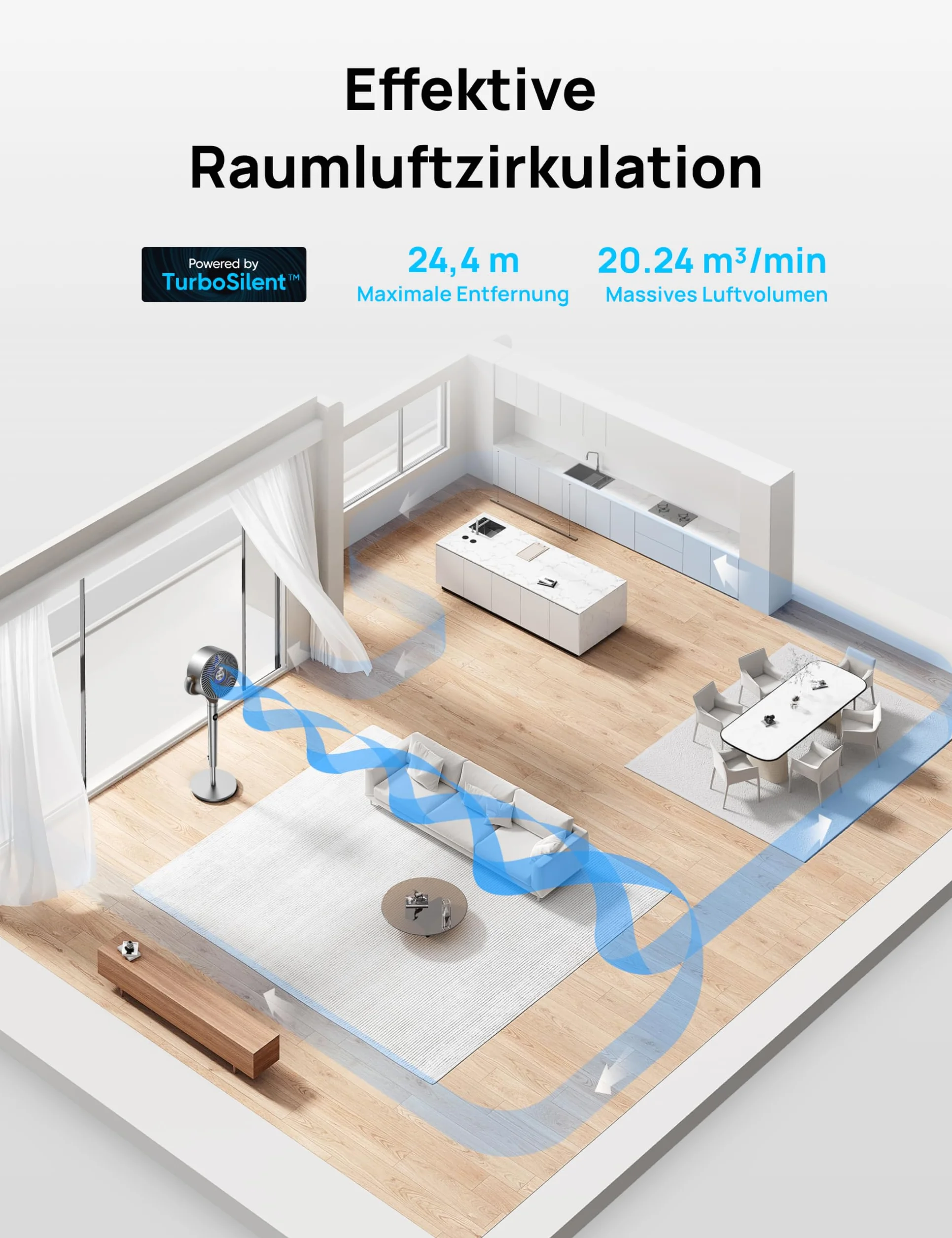 Dreo Cichy wentylator stojący 23 dB, wielokierunkowy wentylator oscylujący 120°+120°, odległość wiatru 24 m, objętość powietrza 1200 m³/h, prawdziwy turbo cyrkulator powietrza, wysokość 102 cm, 3