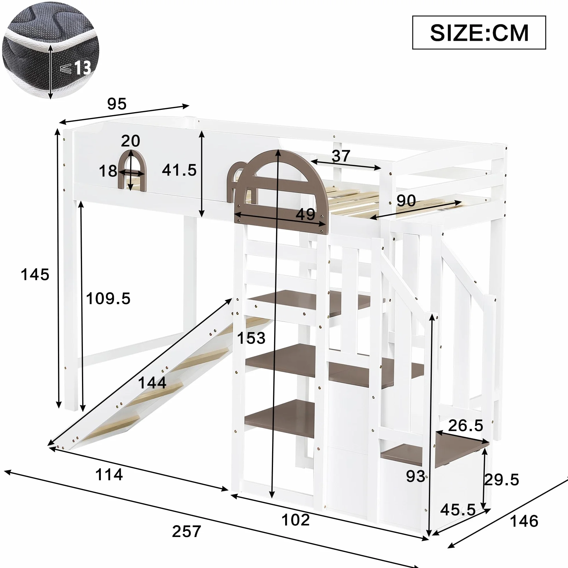 Łóżko piętrowe 90 x 200 cm lite drewno ze stabilnymi listwami i ramą łóżko dwuspadowe ze stałymi oknami i wysokimi barierami i drabinką do przechowywania, biało-brązowe