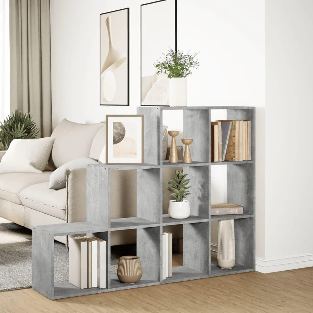Regał na książki 3 stopnie szary betonowy 137,5 x 29 x 103,5 cm | 9 przegródek na kostkę, materiał drewnopochodny, łatwy w pielęgnacji, może służyć jako ścianka działowa