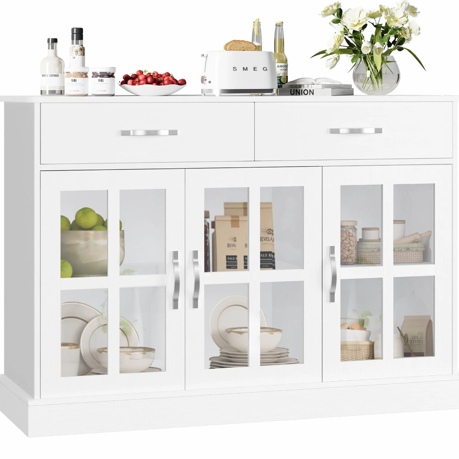 FirFurd Szafka kuchenna, kredens z 3 szklanymi drzwiami i 2 szufladami, szafka bufetowa, drewniana szafka do przechowywania, do salonu, jadalni, korytarza, 120 x 84 x 40 cm
