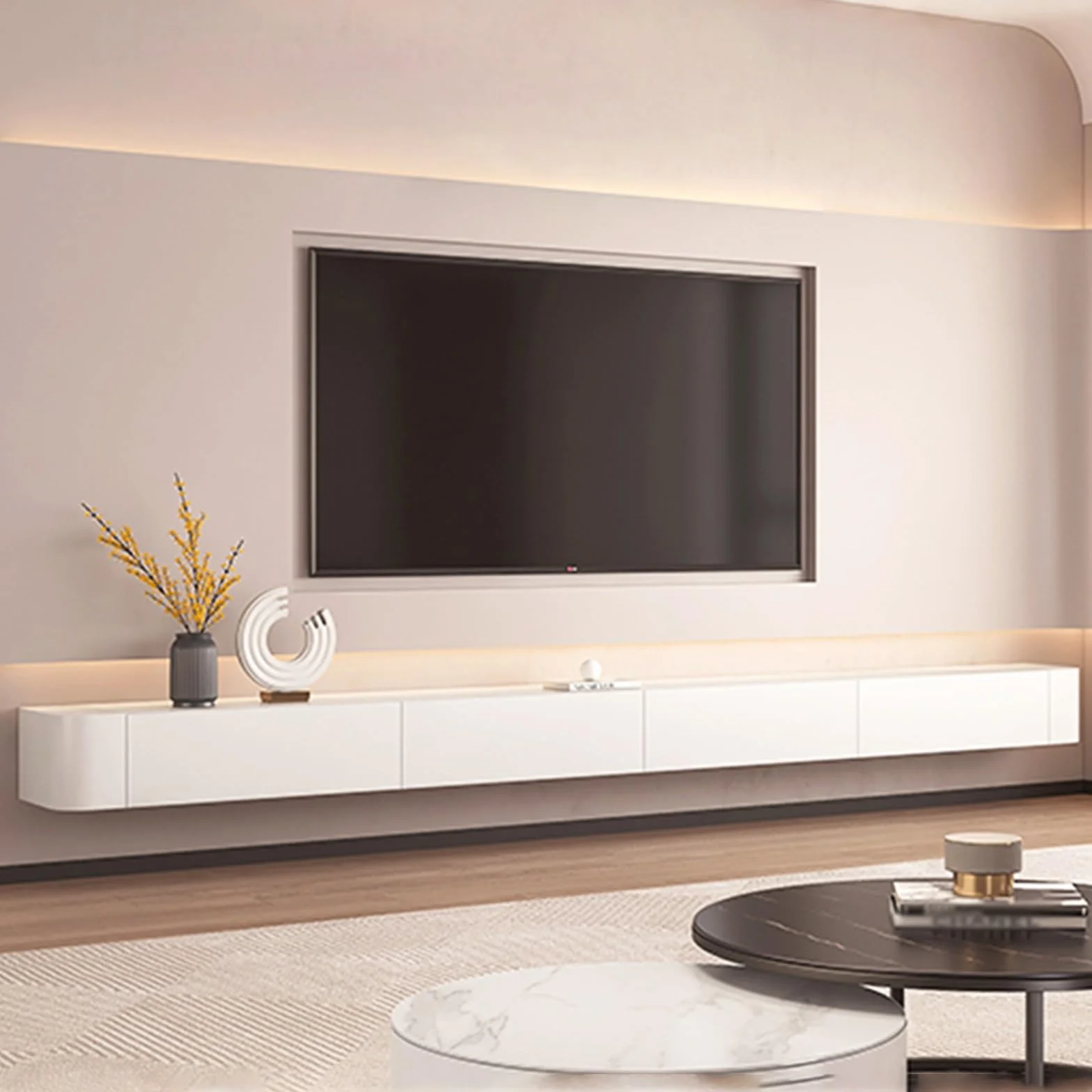 Floating TV Unit Wall Mounted TV Cabinet with 4 Cabinets Wooden Entertainment Media Console Center Large Storage TV Bench White 200cm