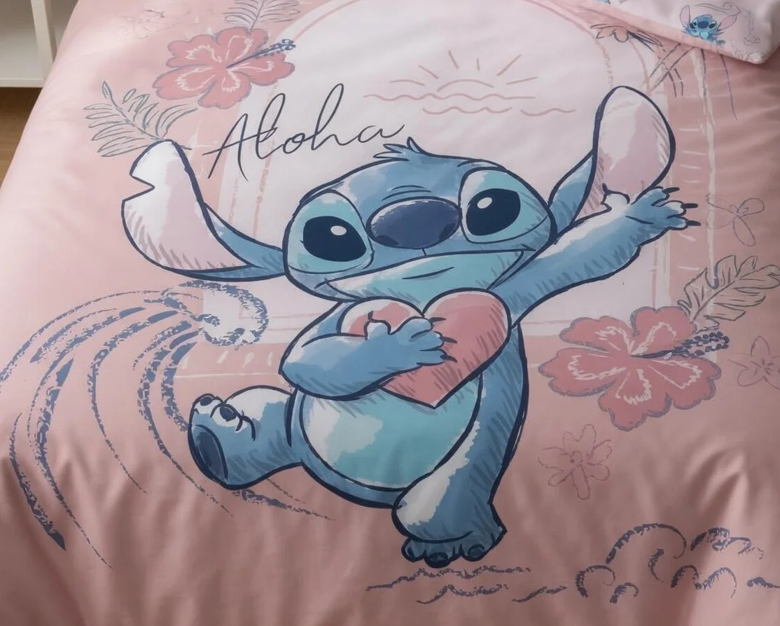 Disney Stitch różowy komplet pościeli, 100% bawełna, poszwa na kołdrę 140 x 200 cm i poszewka na poduszkę 65 x 65 cm