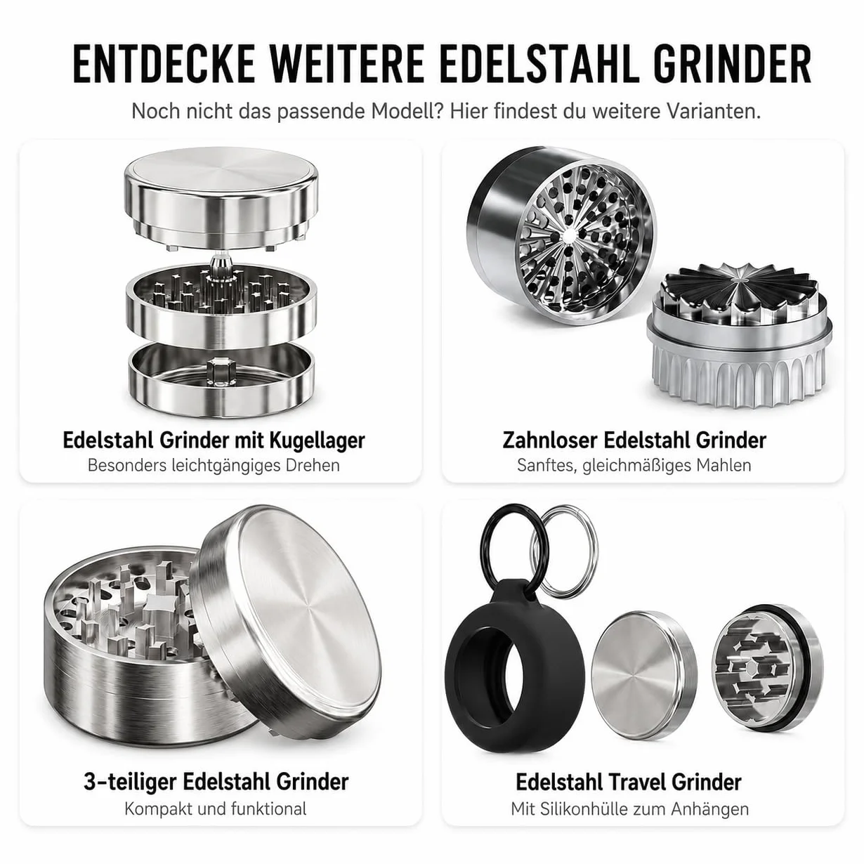 Młynek ze stali nierdzewnej Premium Crusher | 4-częściowy | stalowy młynek do ziół | Ø 63 mm | w zestawie pokrowiec ochronny z zamkiem błyskawicznym, skrobak do pyłków, pędzel i ustnik