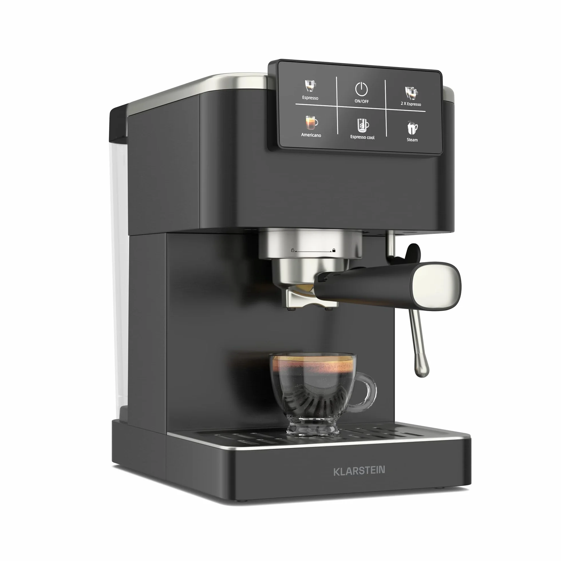 Klarstein SteelPresso Touch Ekspres kolbowy – 20 barów, 1350 W, Stal nierdzewna, Zbiornik 1,5 l, Wyświetlacz dotykowy, Zintegrowany spieniacz do mleka, Kompaktowy design, Ekspres do kawy