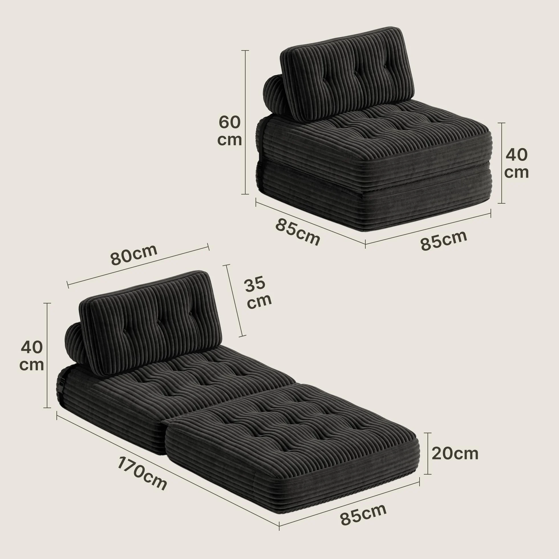 Xbro Składana sofa rozkładana z oparciem, przenośny fotel rozkładany w łóżku 2 w 1 do małych przestrzeni, sztruksowa tkanina z wypełnieniem piankowym, 190 x 85 cm rozłożony (czarny)
