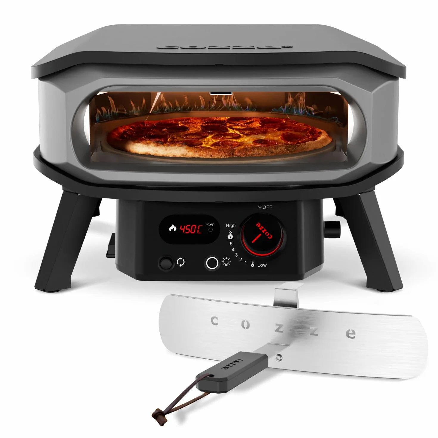 Cozze® 13" piekarnik do pizzy PREMIUM ROTATE – gazowy, 30 mbar – obrotowy piekarnik ze stali nierdzewnej z kamieniem korderytowym Ø34,5 cm – szybkie i równomierne pieczenie